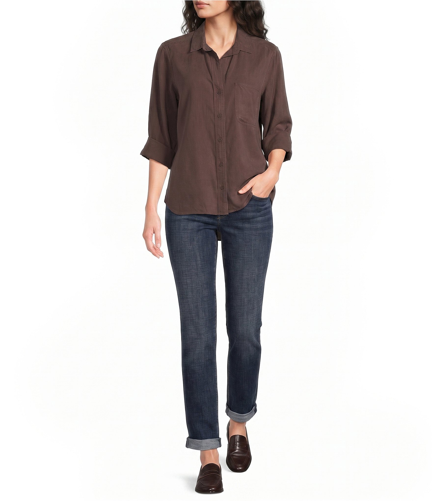 Bella Dahl Woven Point Collar Neckline 3/4 Sleeve Button Down Shirt