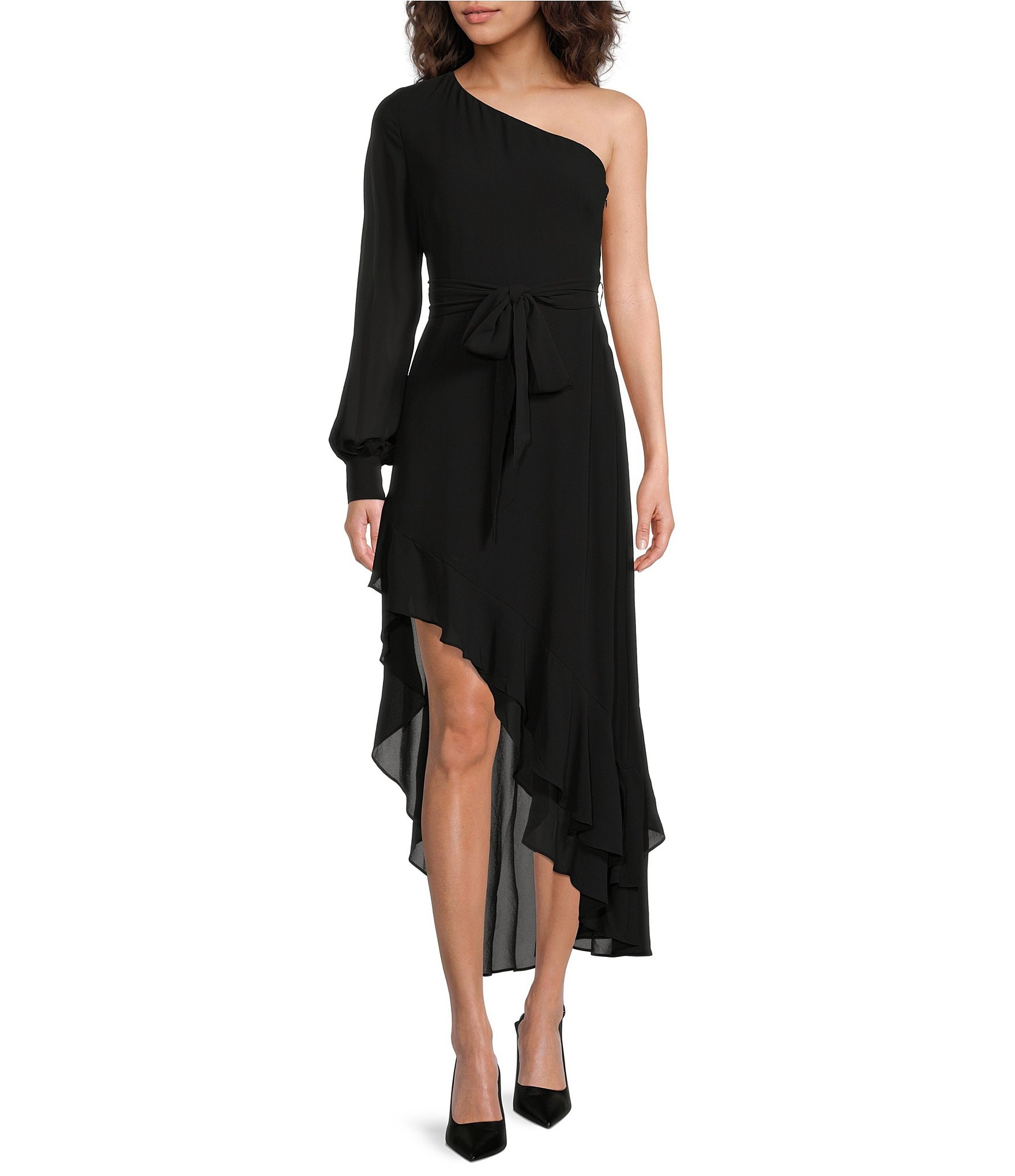 Belle Badgley Mischka Bailey One Shoulder Long Sleeve Tie Waist Ruffle  High-Low Asymmetrical Hemline Midi Dress | Dillard's