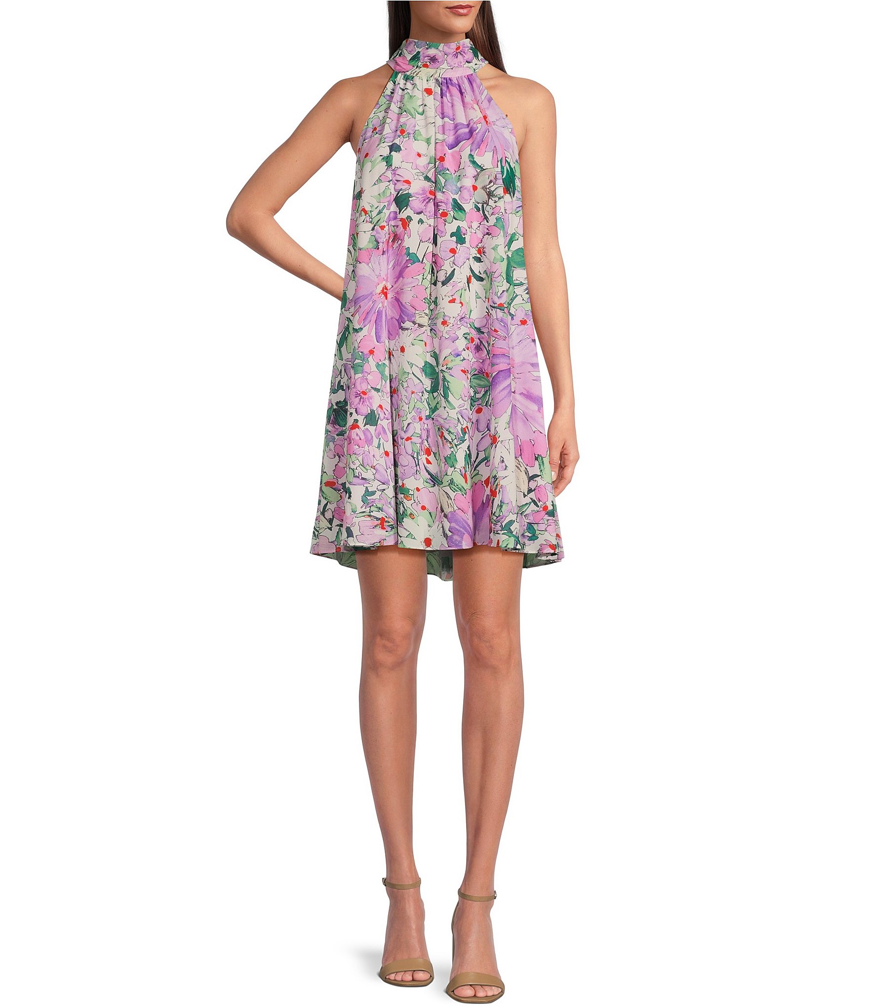 Belle by Badgley Mischka Elise Georgette Floral Turtleneck Sleeveless ...