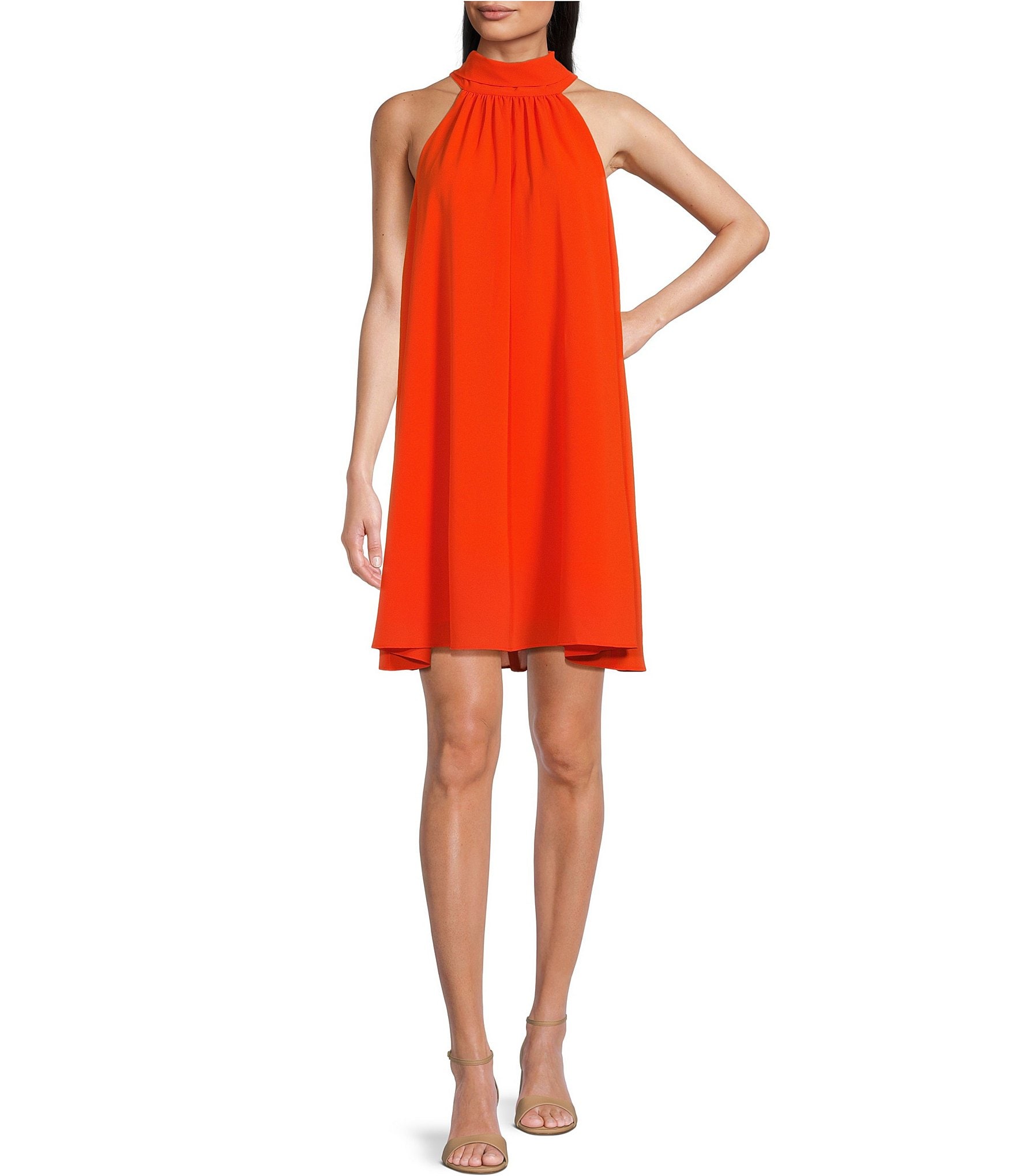 Belle by Badgley Mischka Elise Georgette Turtleneck Sleeveless Back Tie Waistless Trapeze Mini Dress Dillard s