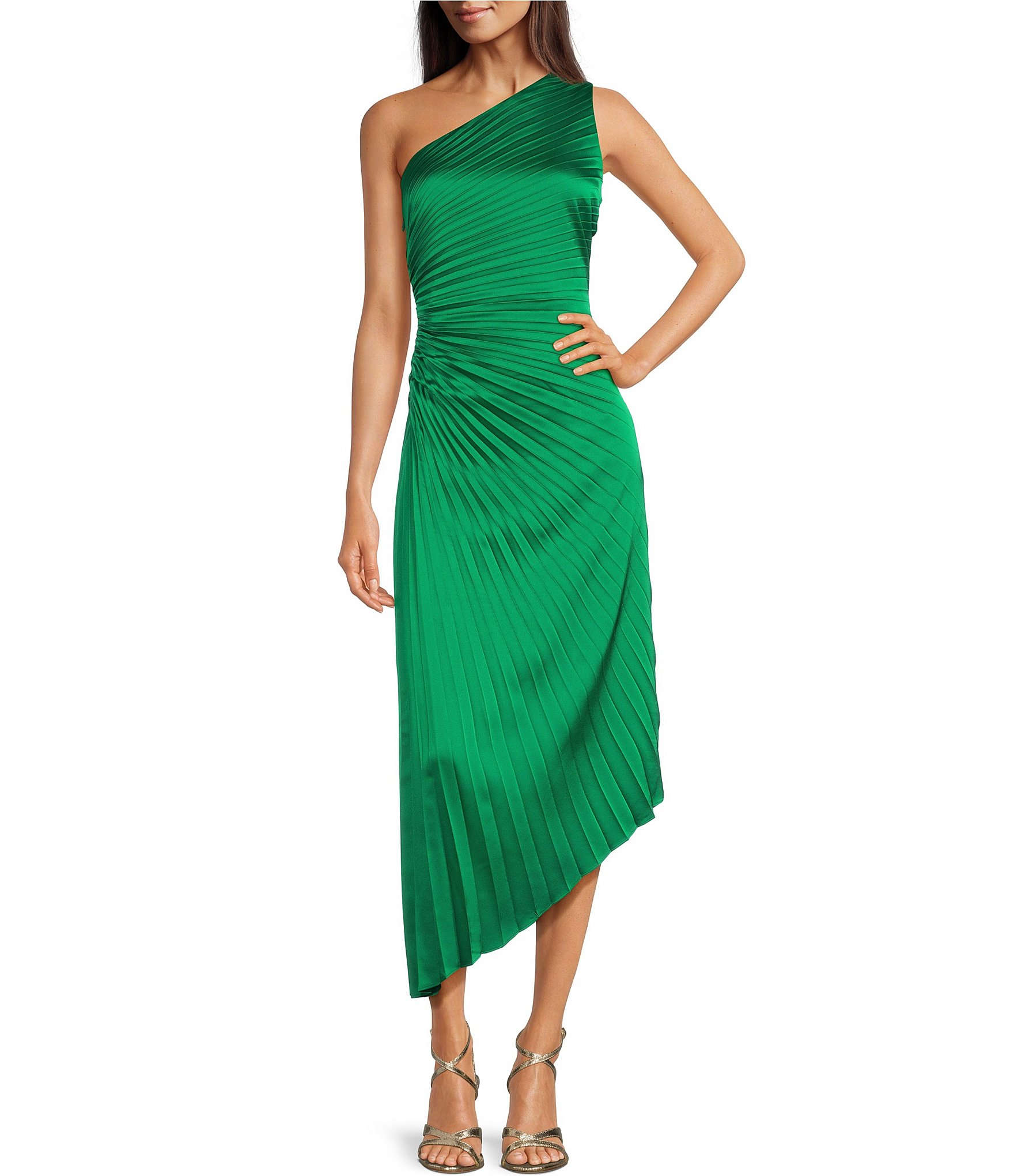 Olive One Shoulder Asymmetrical Ruched Dress - Belle Gray