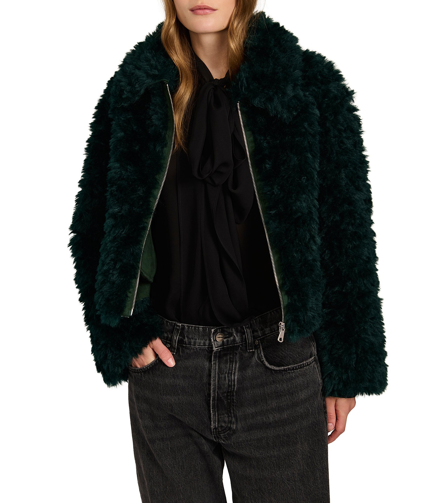 Bernardo Faux Fur Point Collar Short Zip Front Jacket