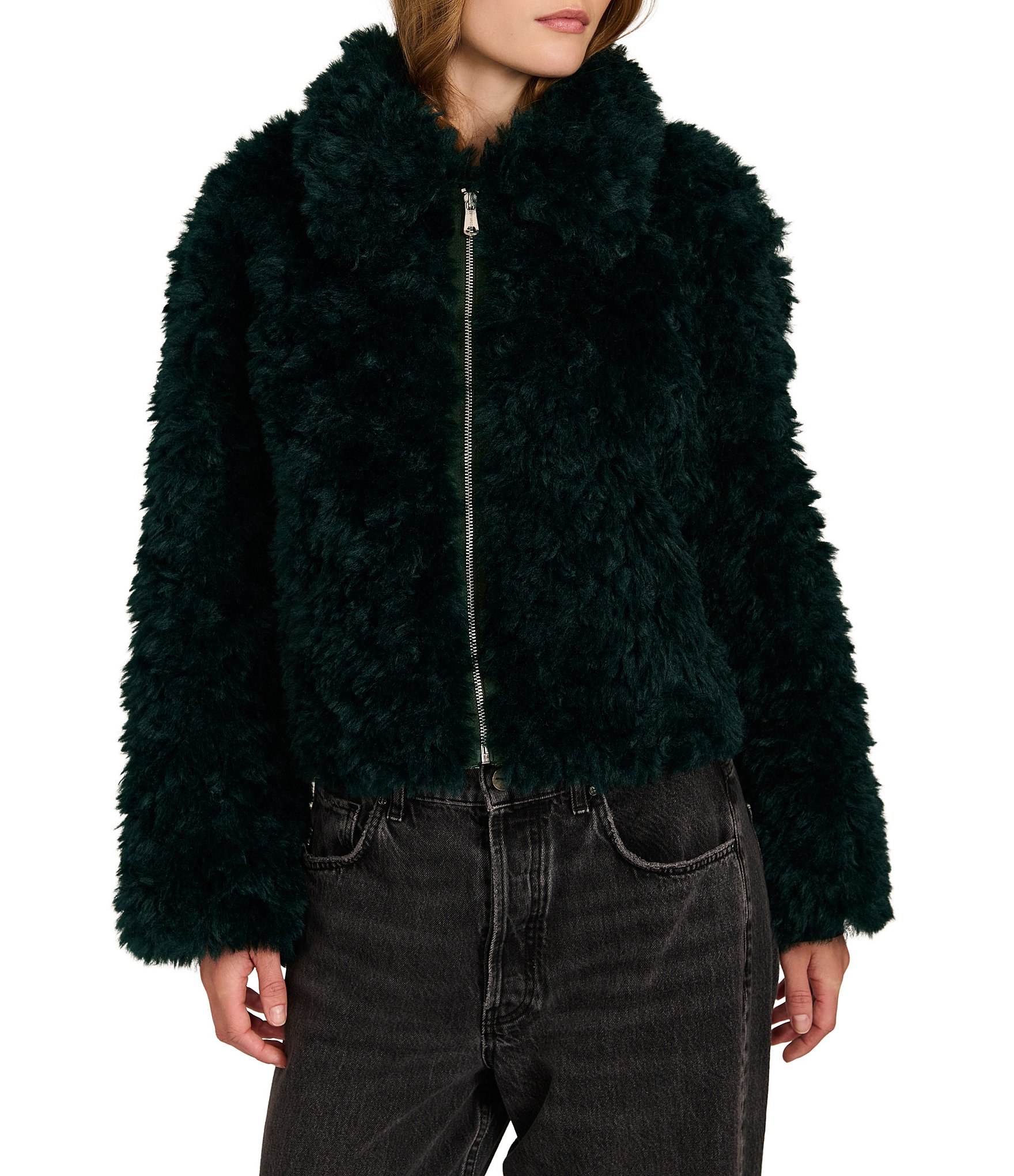 Bernardo Faux Fur Point Collar Short Zip Front Jacket