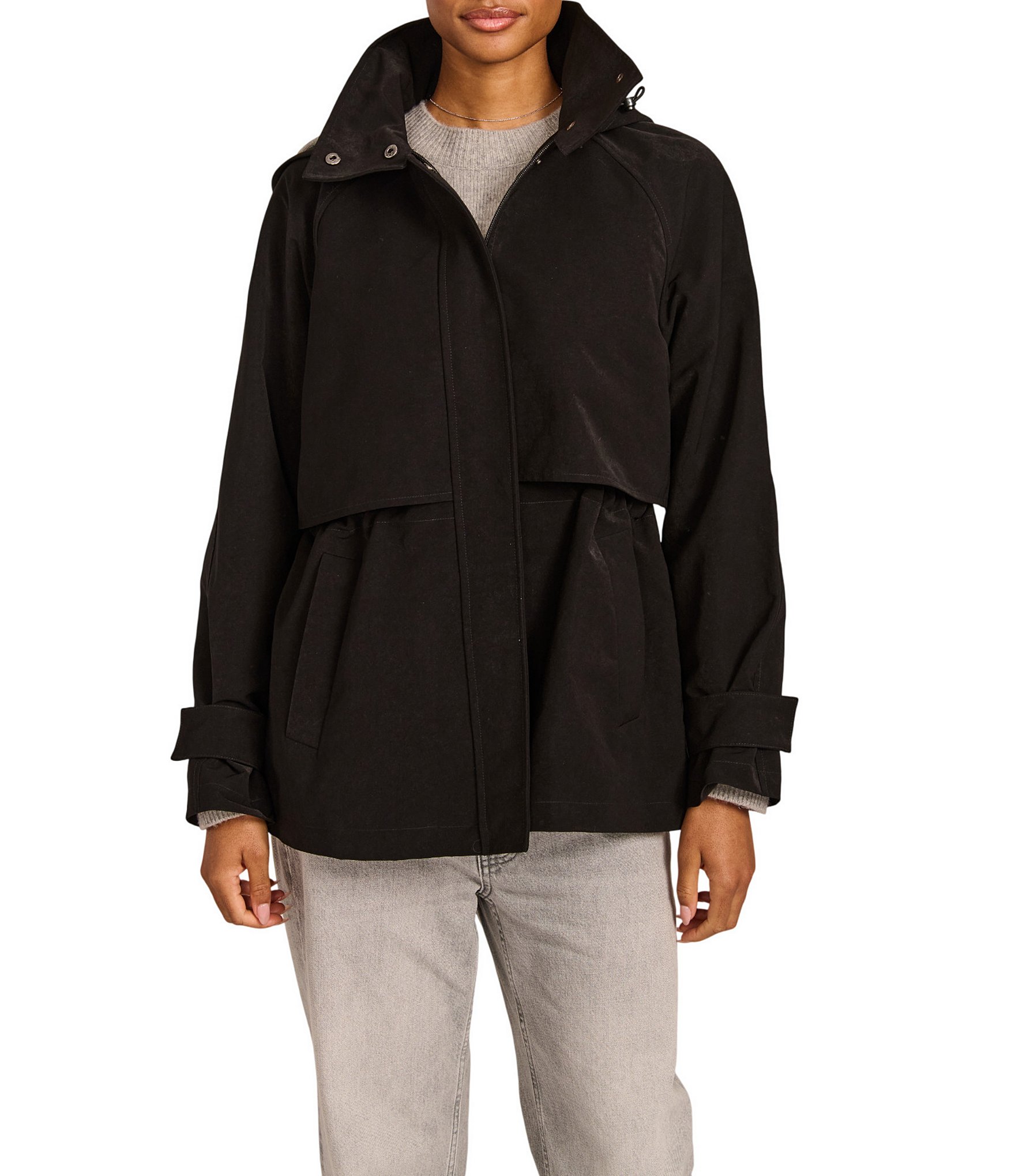 Bernardo Mid Length Stand Collar Hooded Zip Front Rain Coat