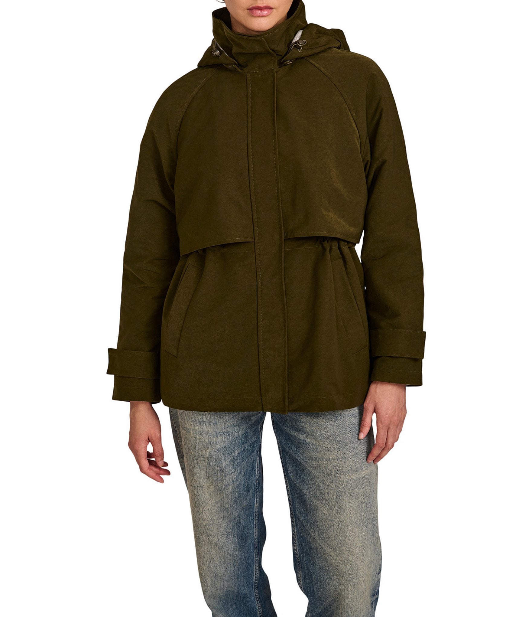 Bernardo Mid Length Stand Collar Hooded Zip Front Rain Coat