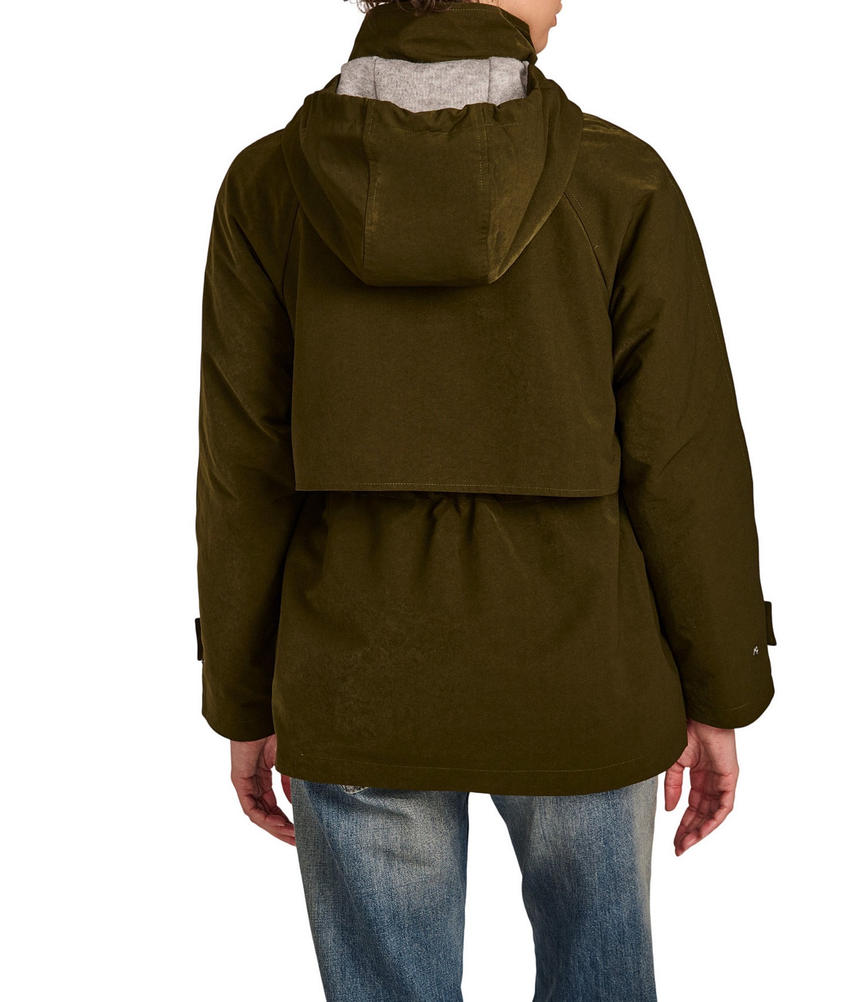 Bernardo Mid Length Stand Collar Hooded Zip Front Rain Coat