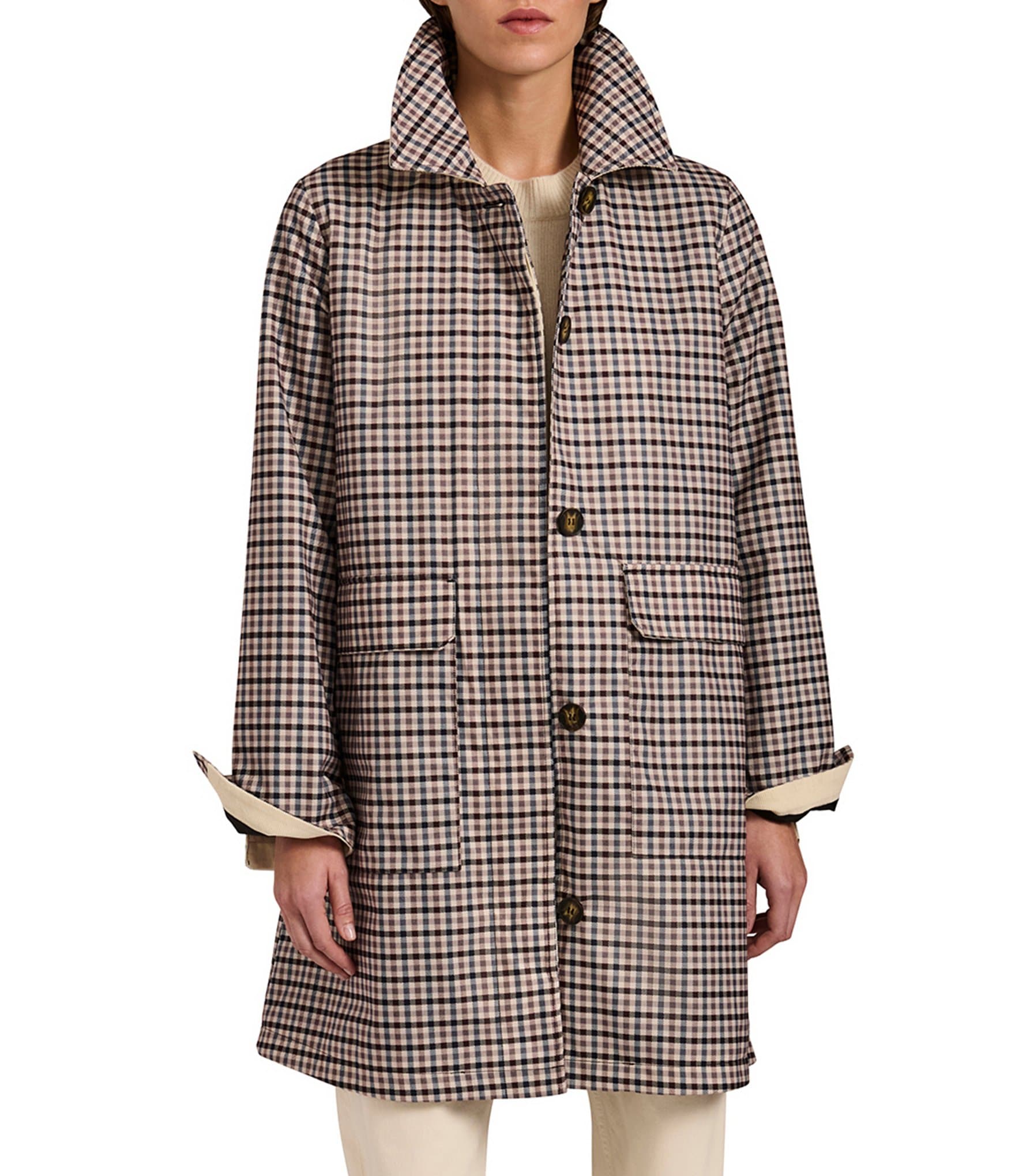Bernardo Mini Plaid Point Collar Long Sleeve Zip Front Raincoat