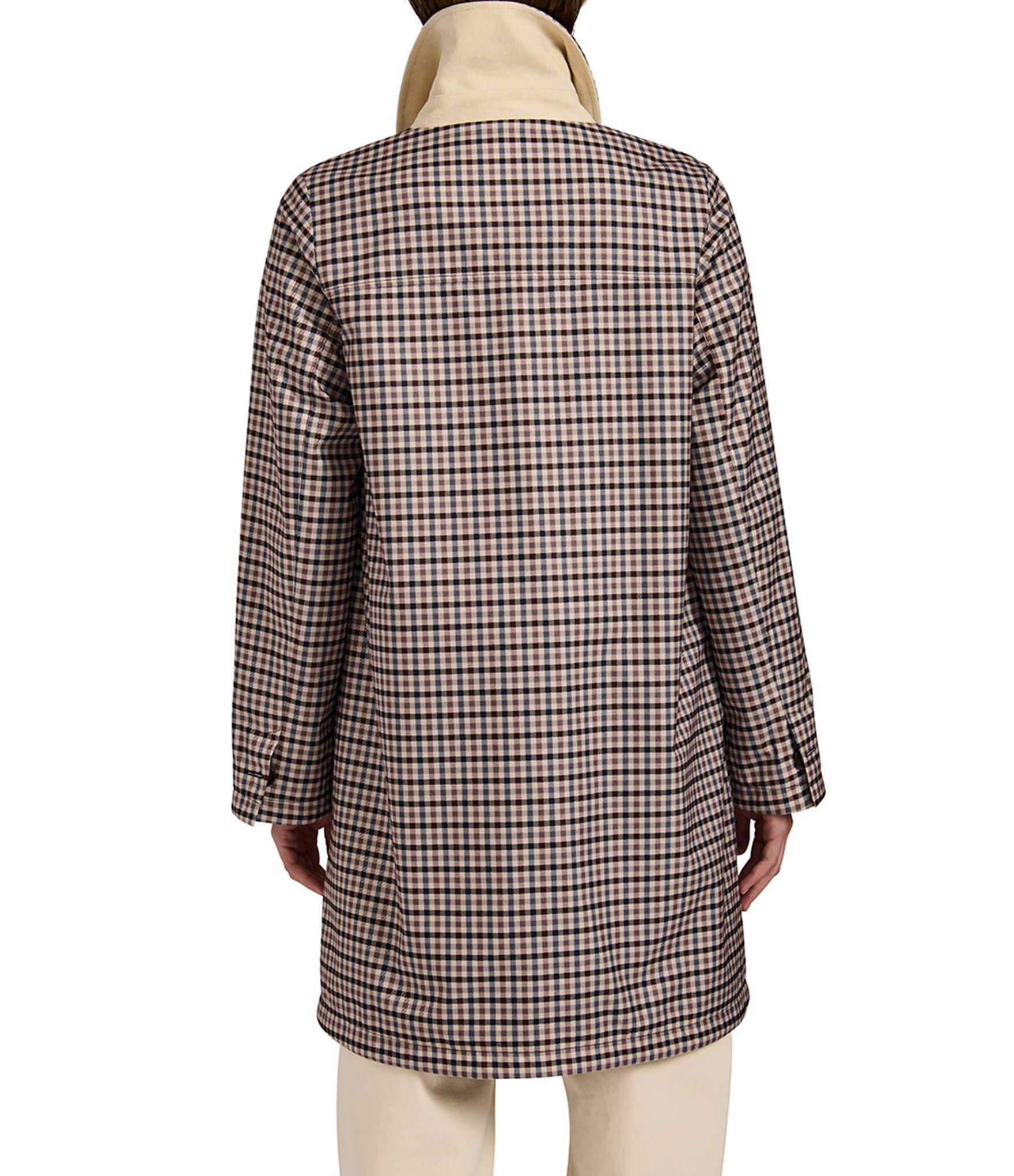 Bernardo Mini Plaid Point Collar Long Sleeve Zip Front Raincoat