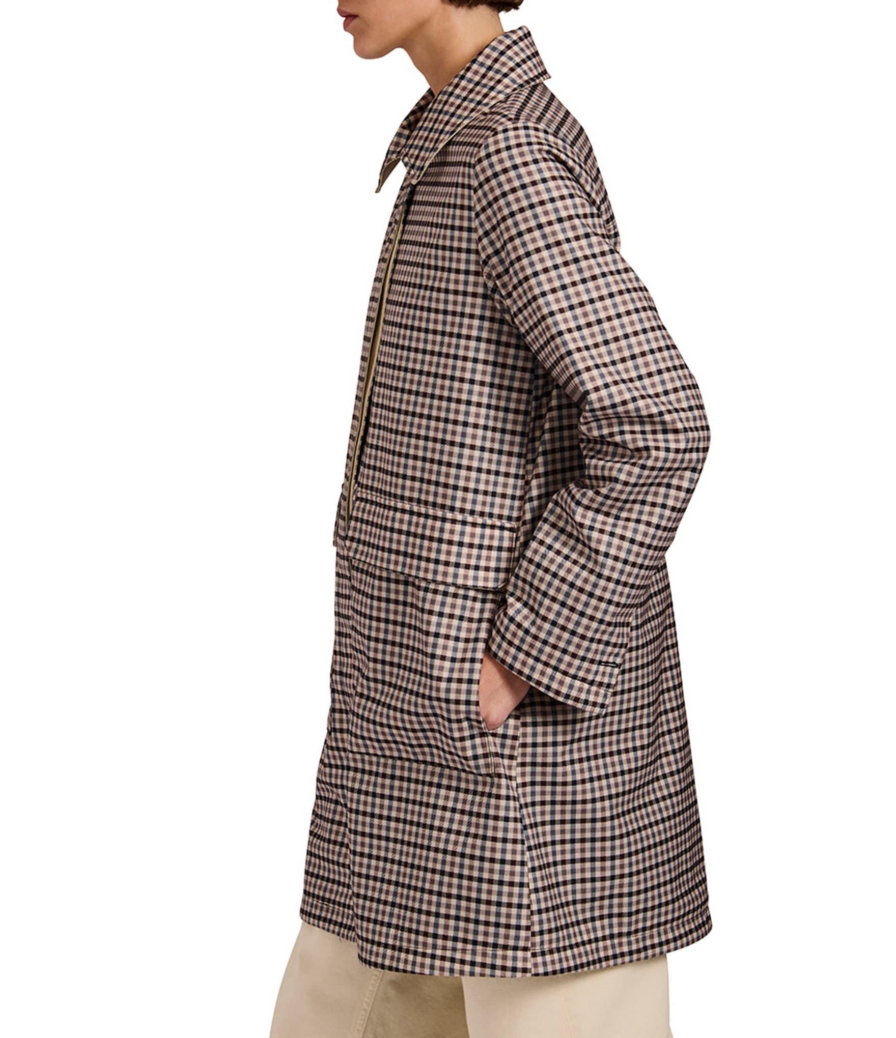 Bernardo Mini Plaid Point Collar Long Sleeve Zip Front Raincoat