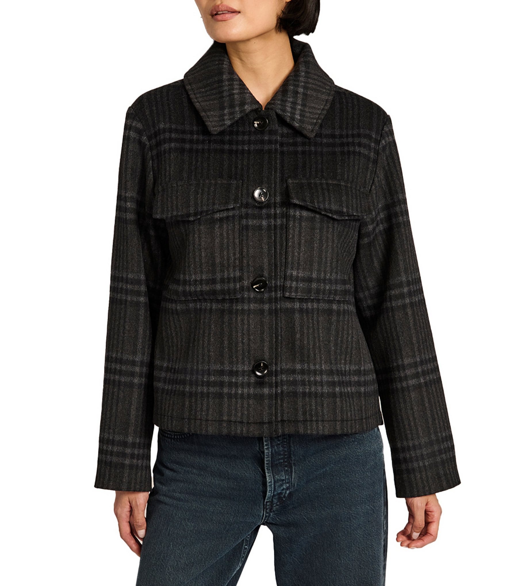 Bernardo Plaid Print Point Collar Button Front Field Jacket