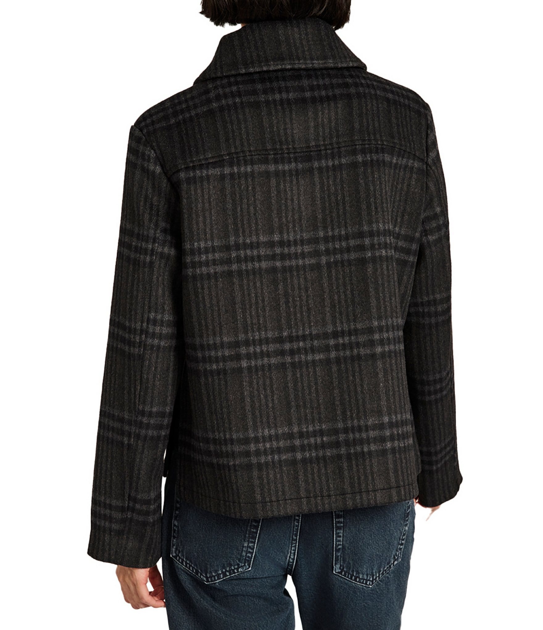 Bernardo Plaid Print Point Collar Button Front Field Jacket