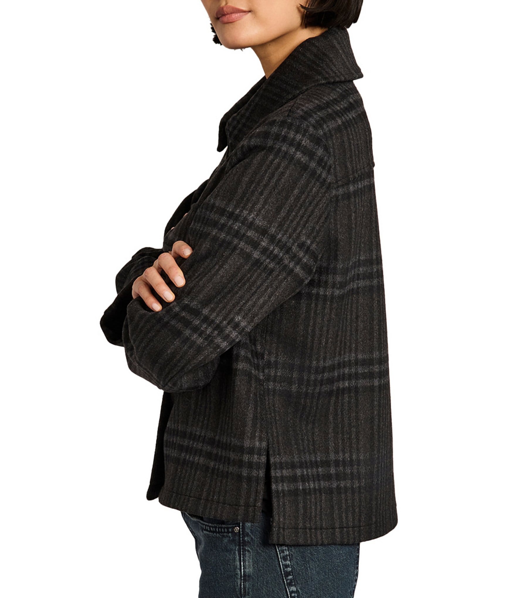 Bernardo Plaid Print Point Collar Button Front Field Jacket