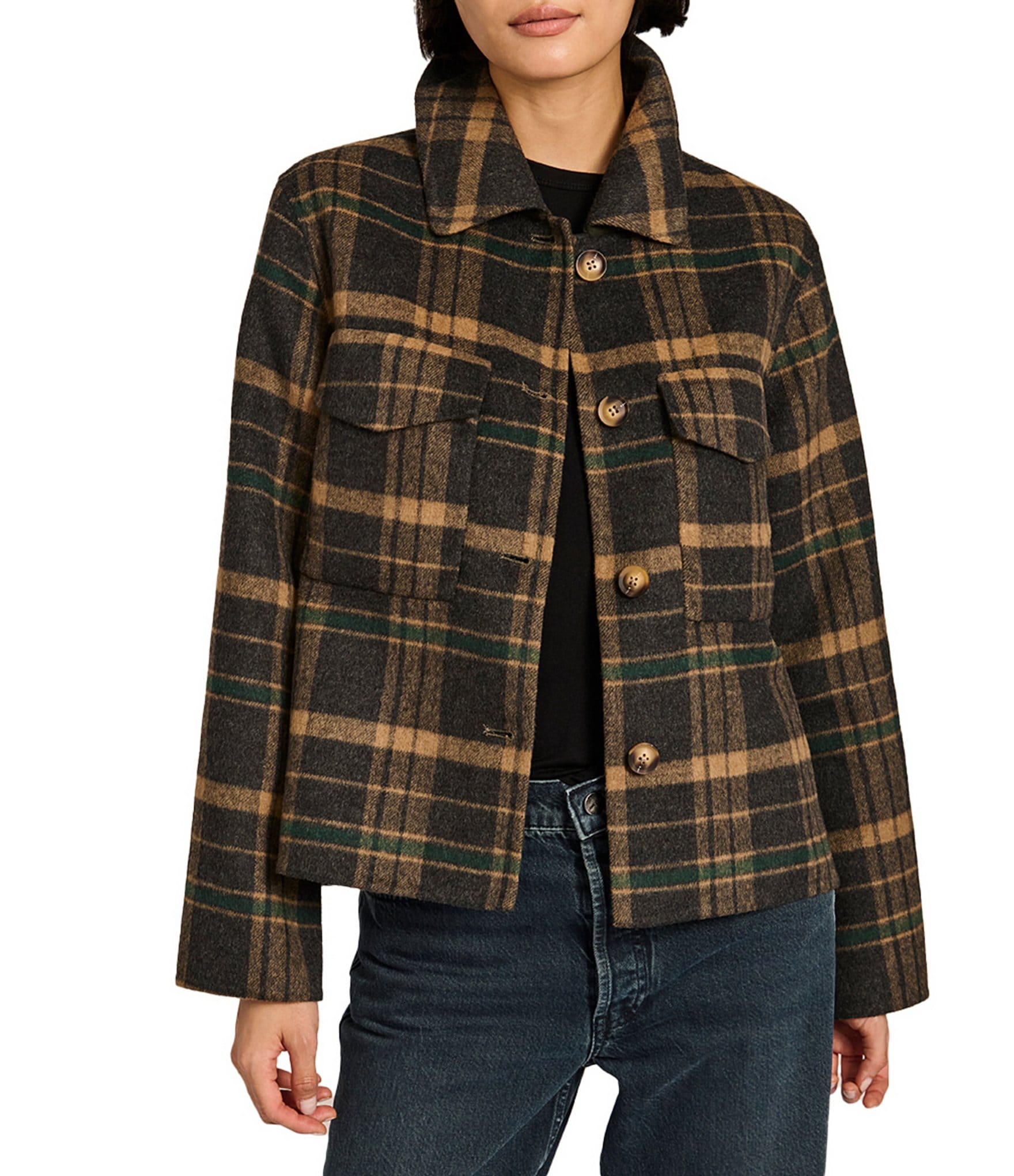 Bernardo Plaid Print Point Collar Button Front Field Jacket