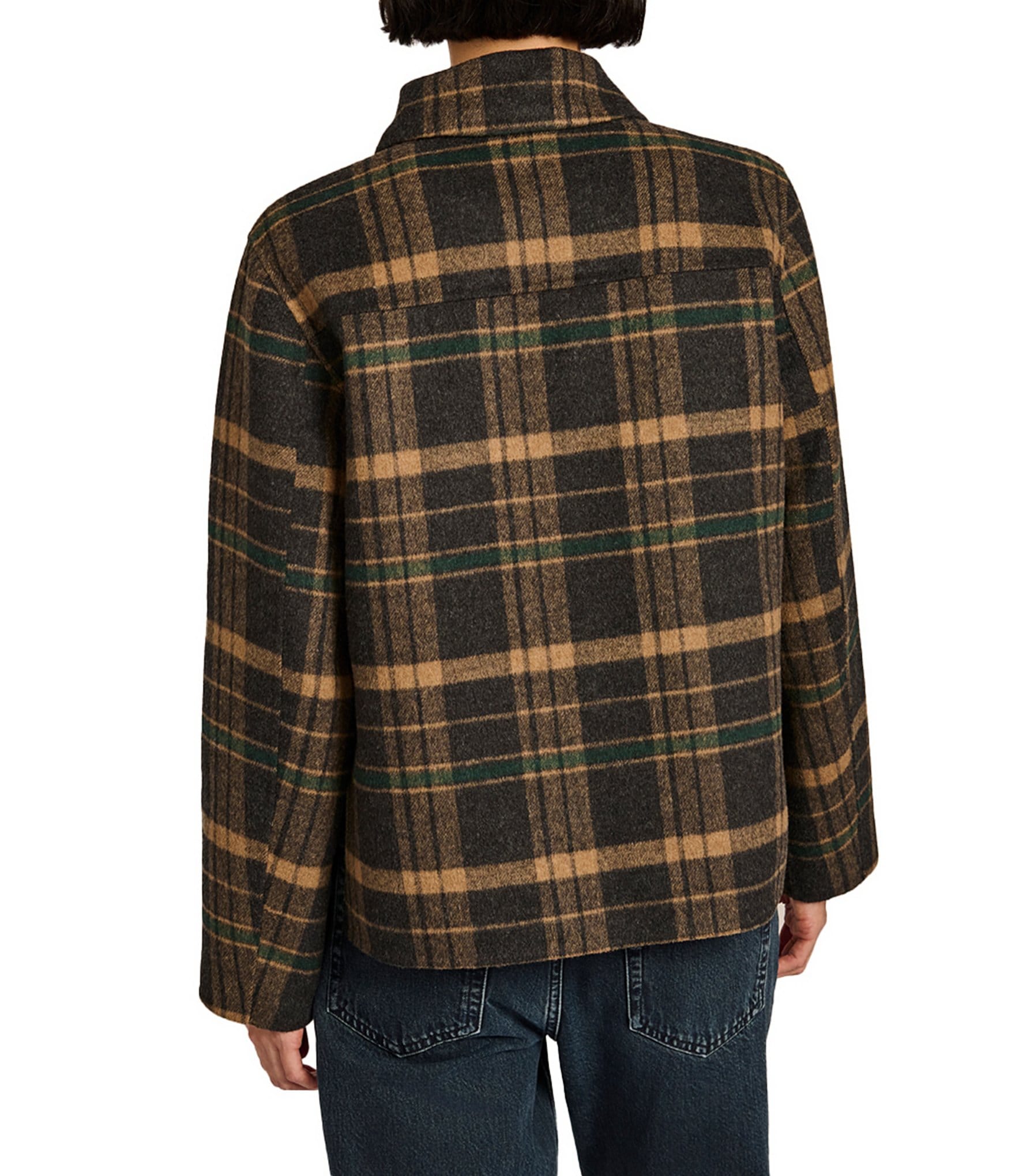 Bernardo Plaid Print Point Collar Button Front Field Jacket