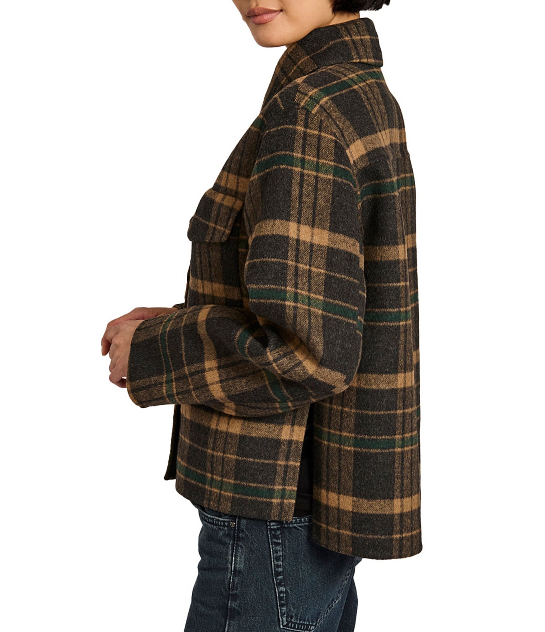 Bernardo Plaid Print Point Collar Button Front Field Jacket
