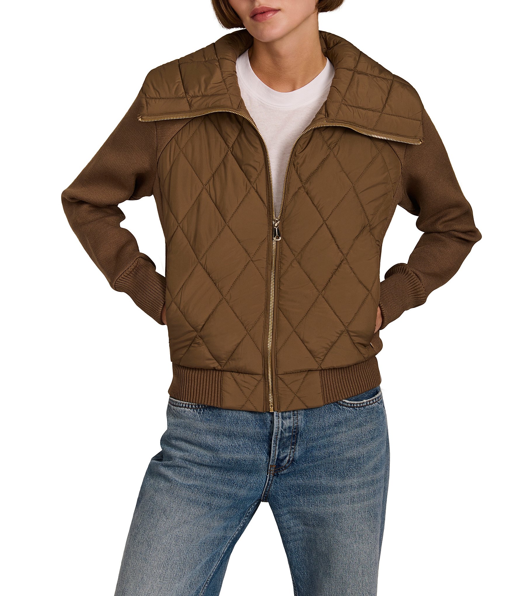Bernardo Quilt Wide Point Collar Rib Sleeves Zip Front Bomber Jacket