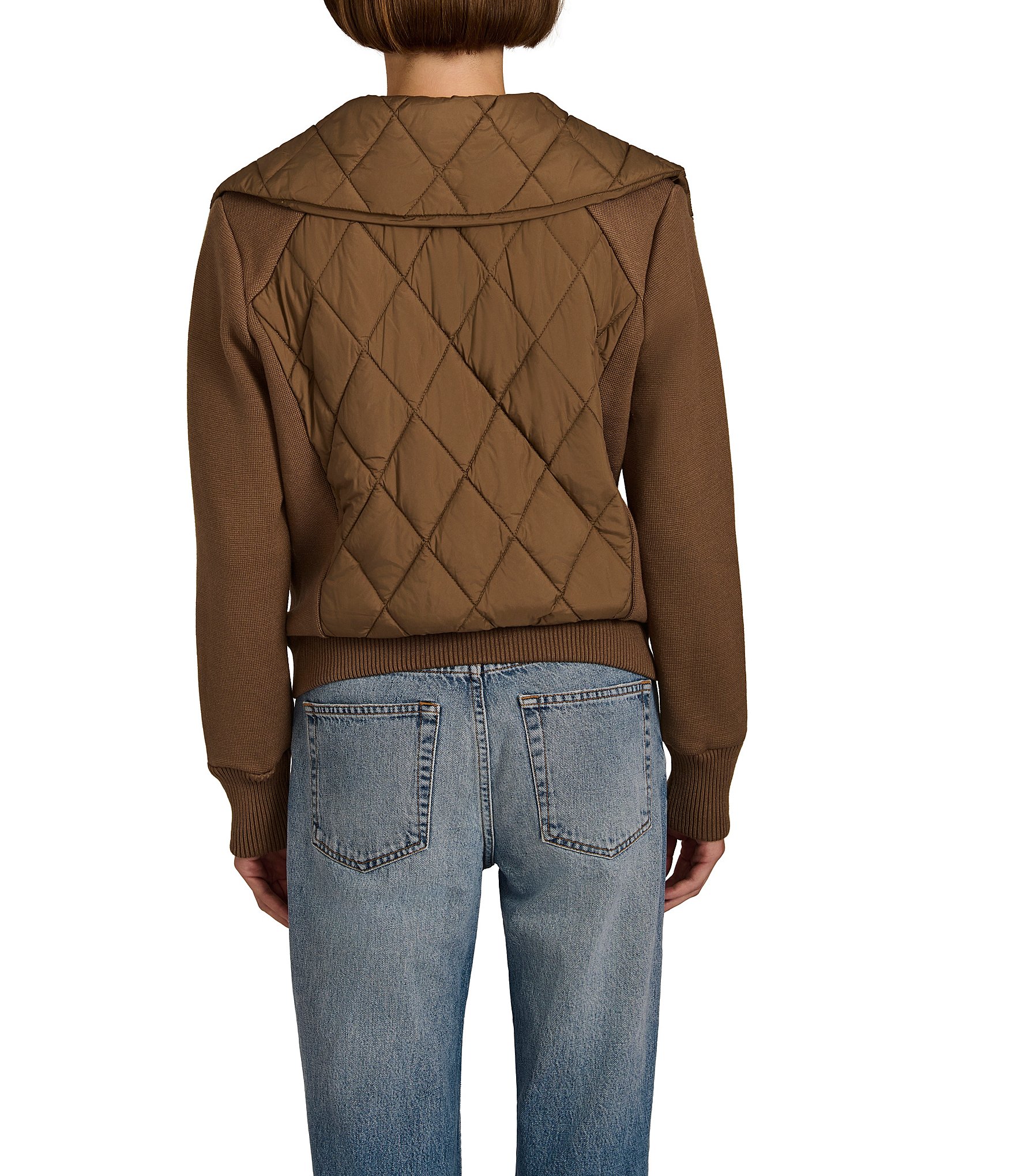 Bernardo Quilt Wide Point Collar Rib Sleeves Zip Front Bomber Jacket