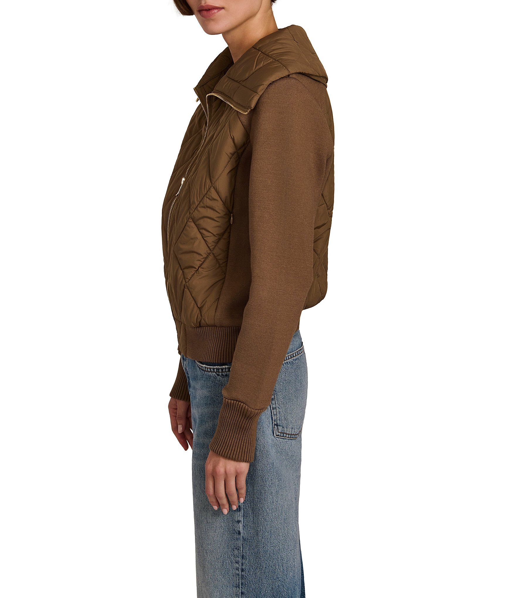 Bernardo Quilt Wide Point Collar Rib Sleeves Zip Front Bomber Jacket