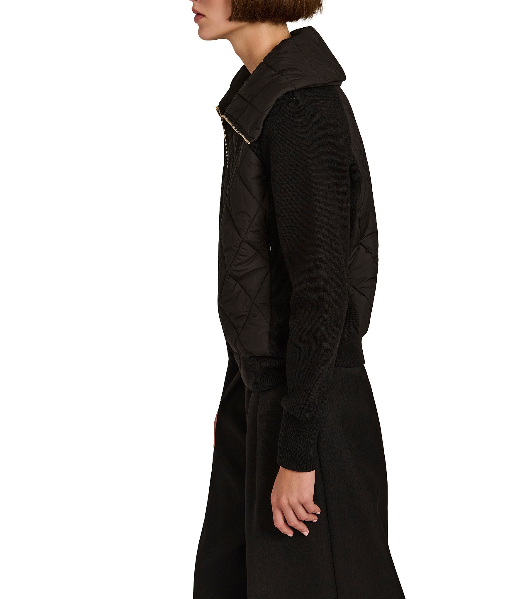 Bernardo Quilt Wide Point Collar Rib Sleeves Zip Front Bomber Jacket