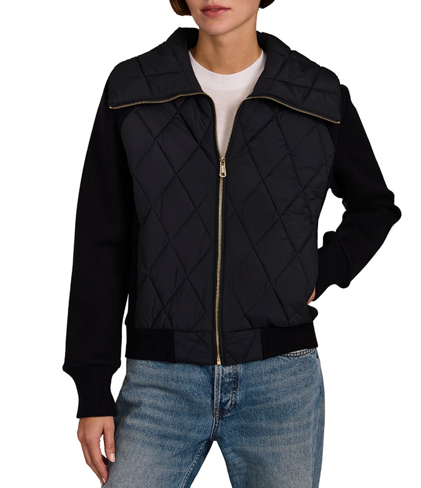 Bernardo Quilt Wide Point Collar Rib Sleeves Zip Front Bomber Jacket