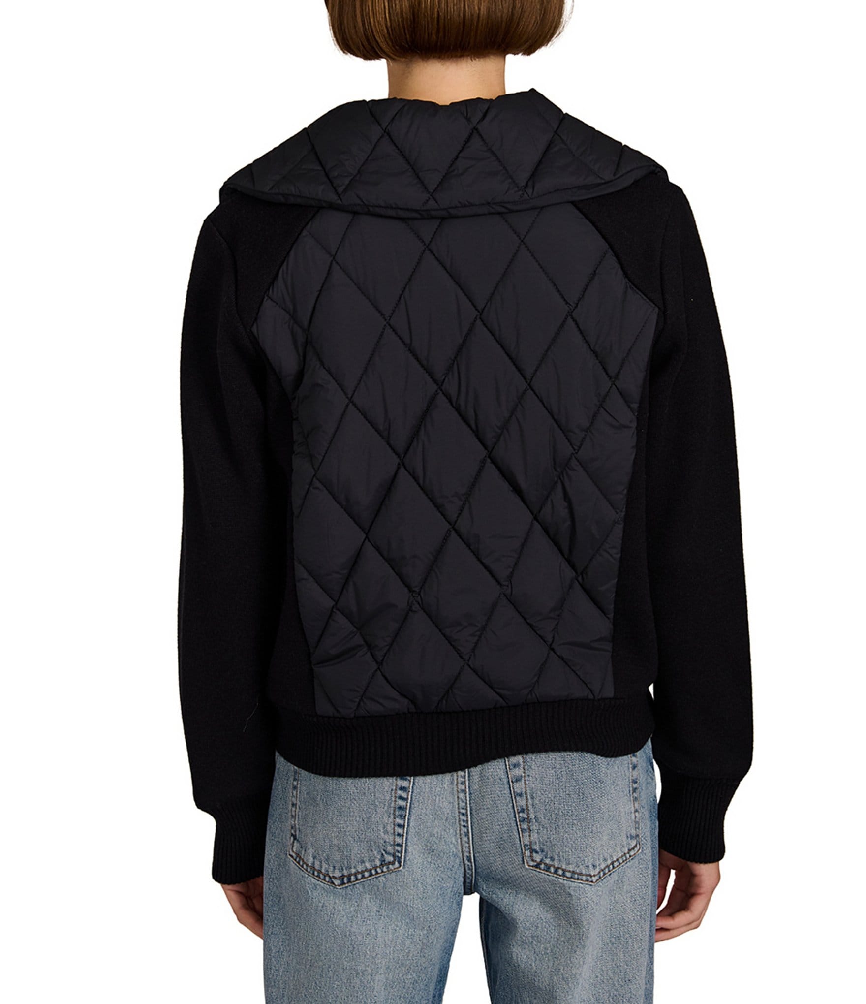 Bernardo Quilt Wide Point Collar Rib Sleeves Zip Front Bomber Jacket