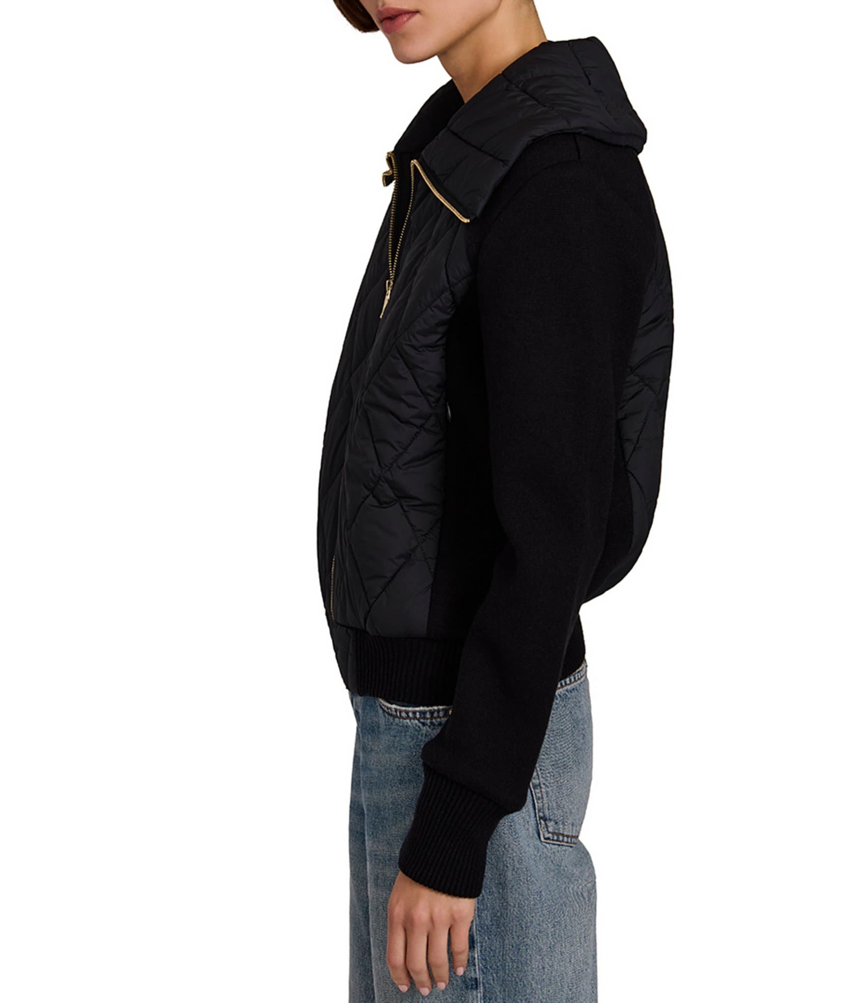 Bernardo Quilt Wide Point Collar Rib Sleeves Zip Front Bomber Jacket