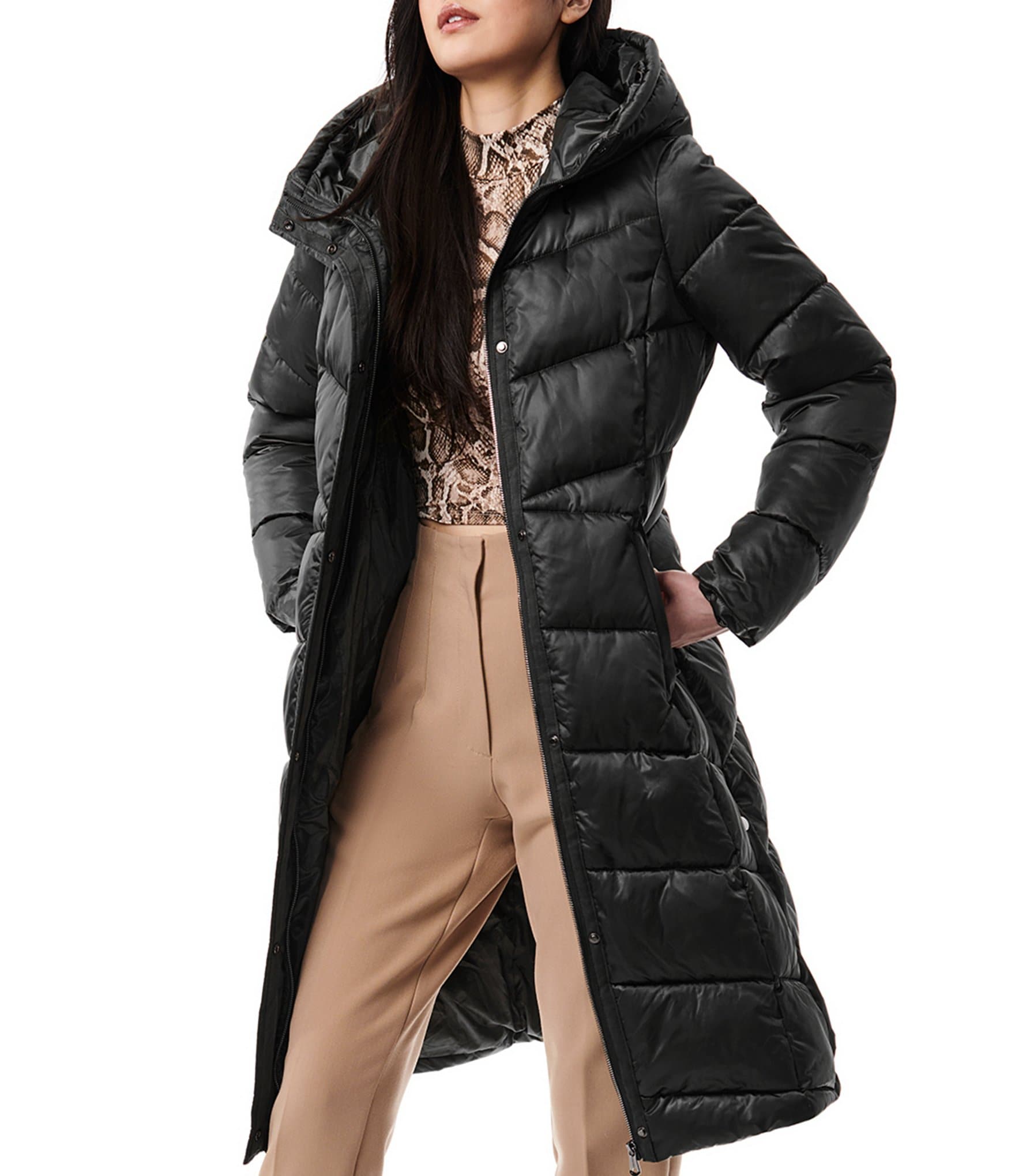 Bernardo Quilted Shine Stand Collared Maxi Hooded Heavy Puffer Coat ...