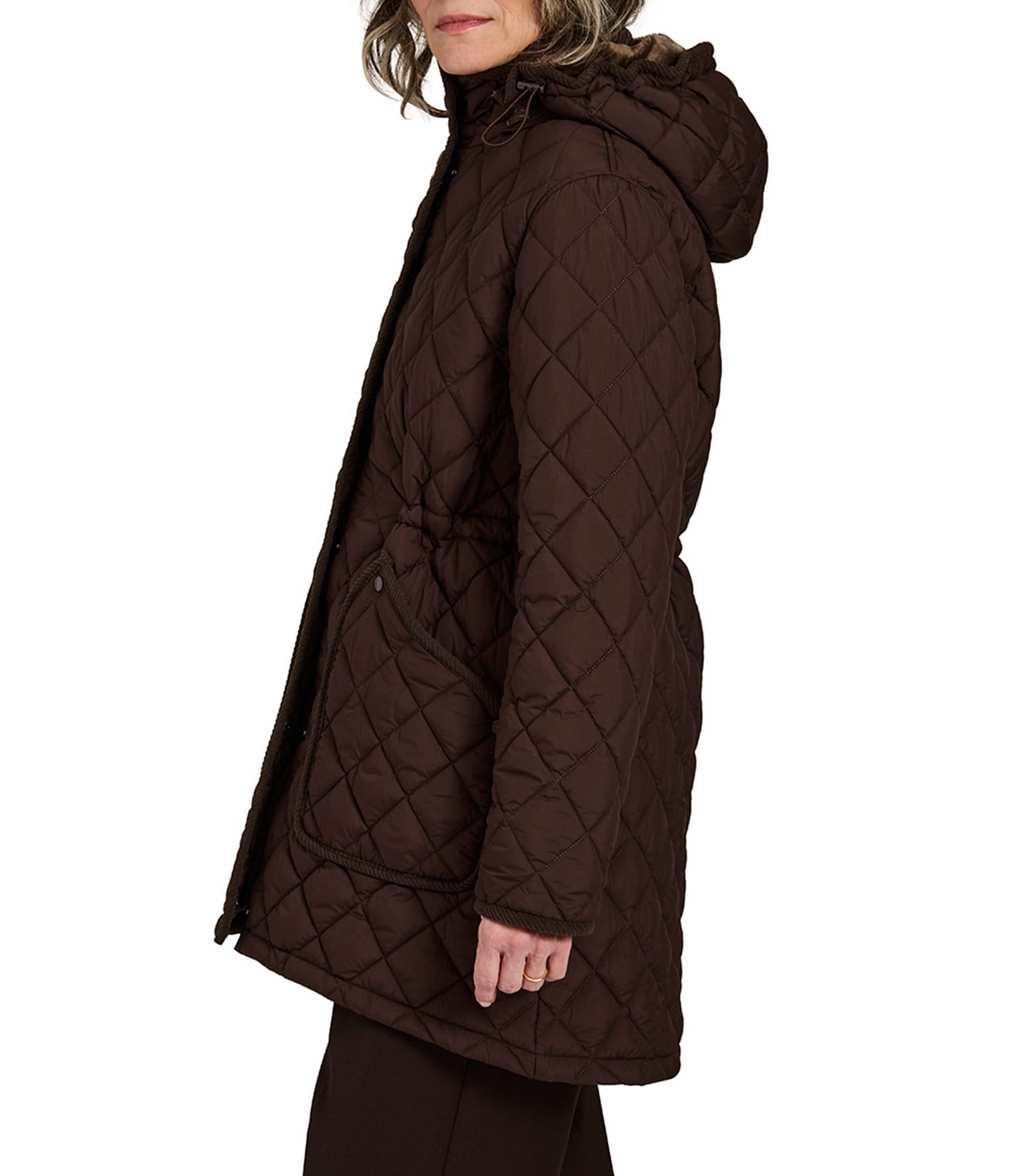 Bernardo Quilted Stand Collar Cinched Waist Zip Front Puffer Jacket