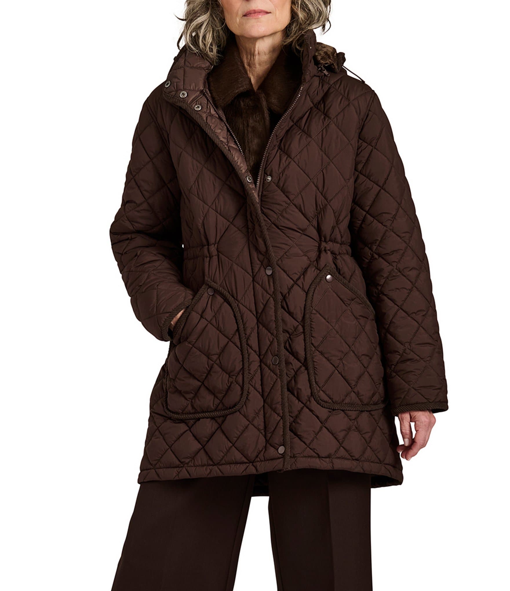 Bernardo Quilted Stand Collar Cinched Waist Zip Front Puffer Jacket