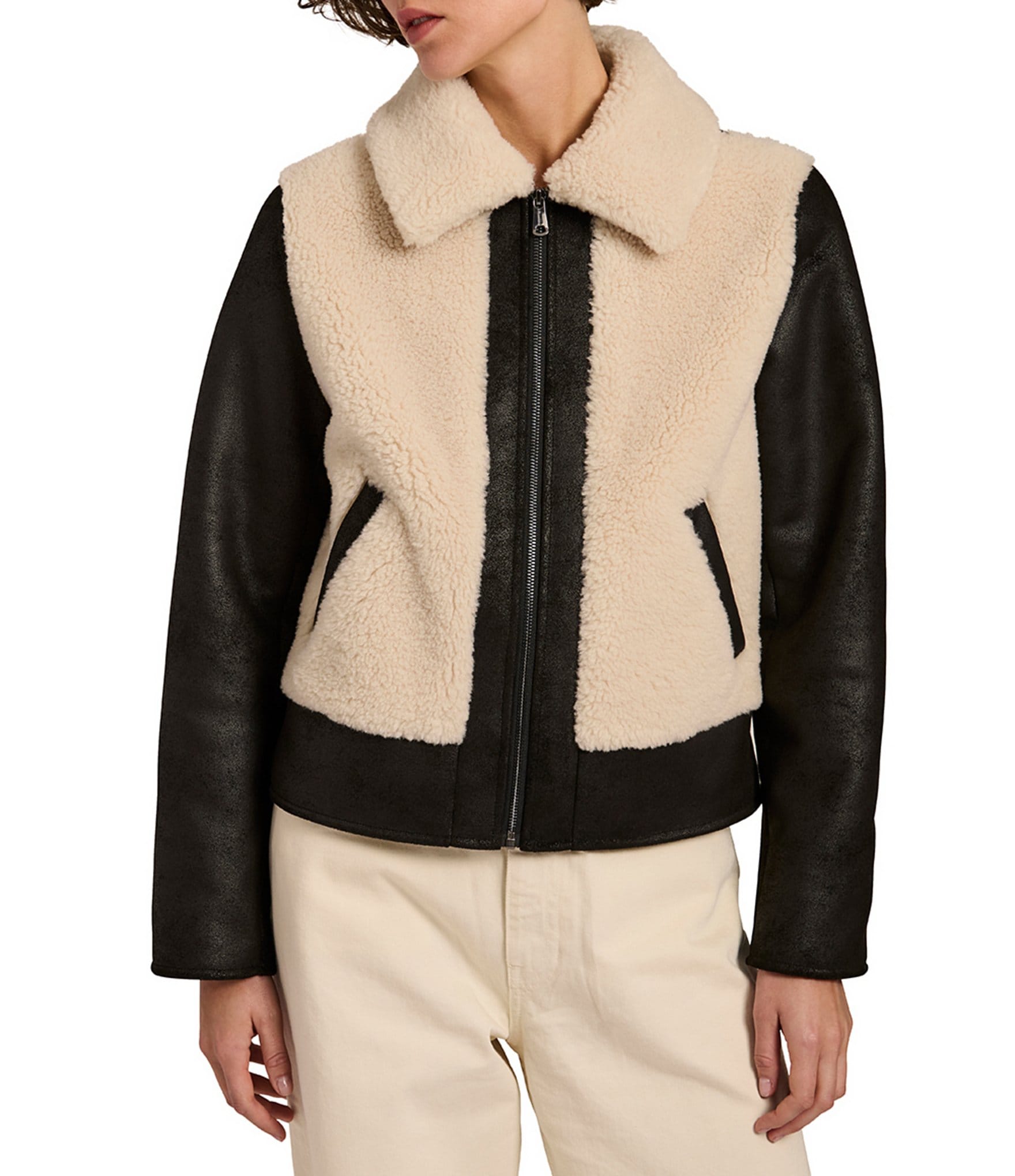 Bernardo Shearling Fur Point Collar Short Zip Front Jacket