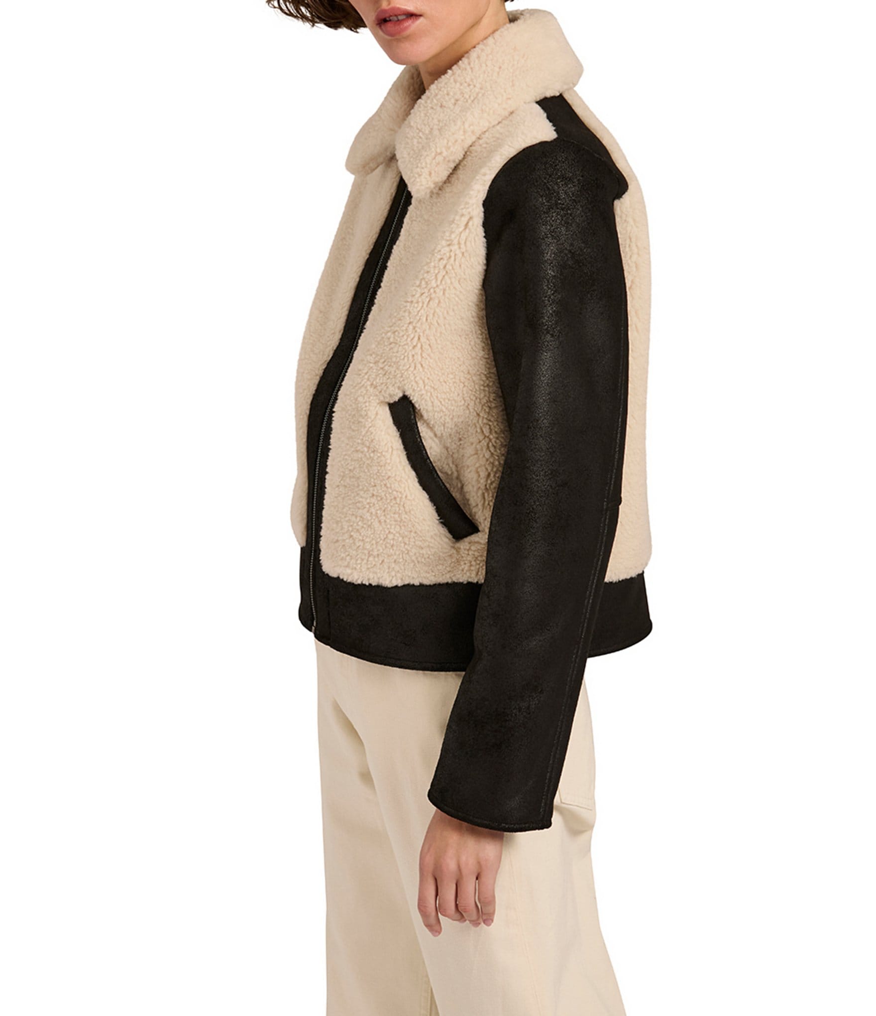 Bernardo Shearling Fur Point Collar Short Zip Front Jacket