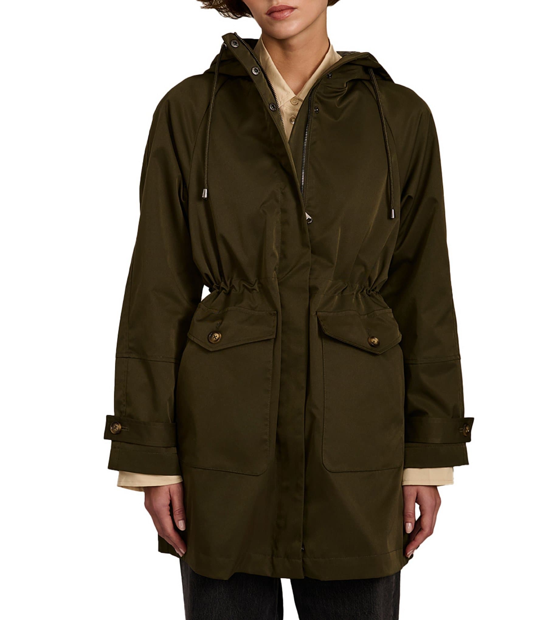 Bernardo Stand Collar Hooded Cinched Waist Zip Front Anorak Raincoat