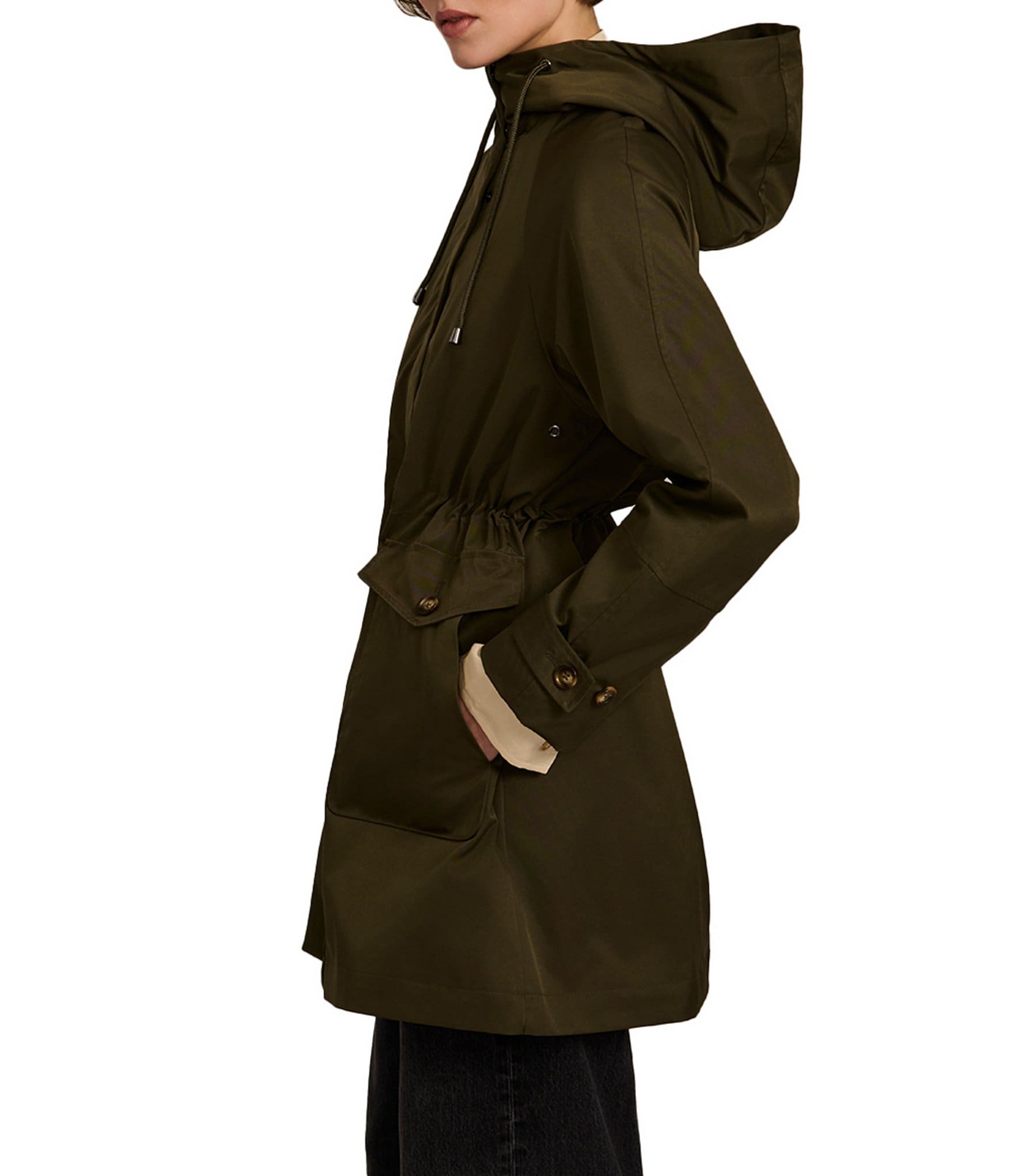 Bernardo Stand Collar Hooded Cinched Waist Zip Front Anorak Raincoat