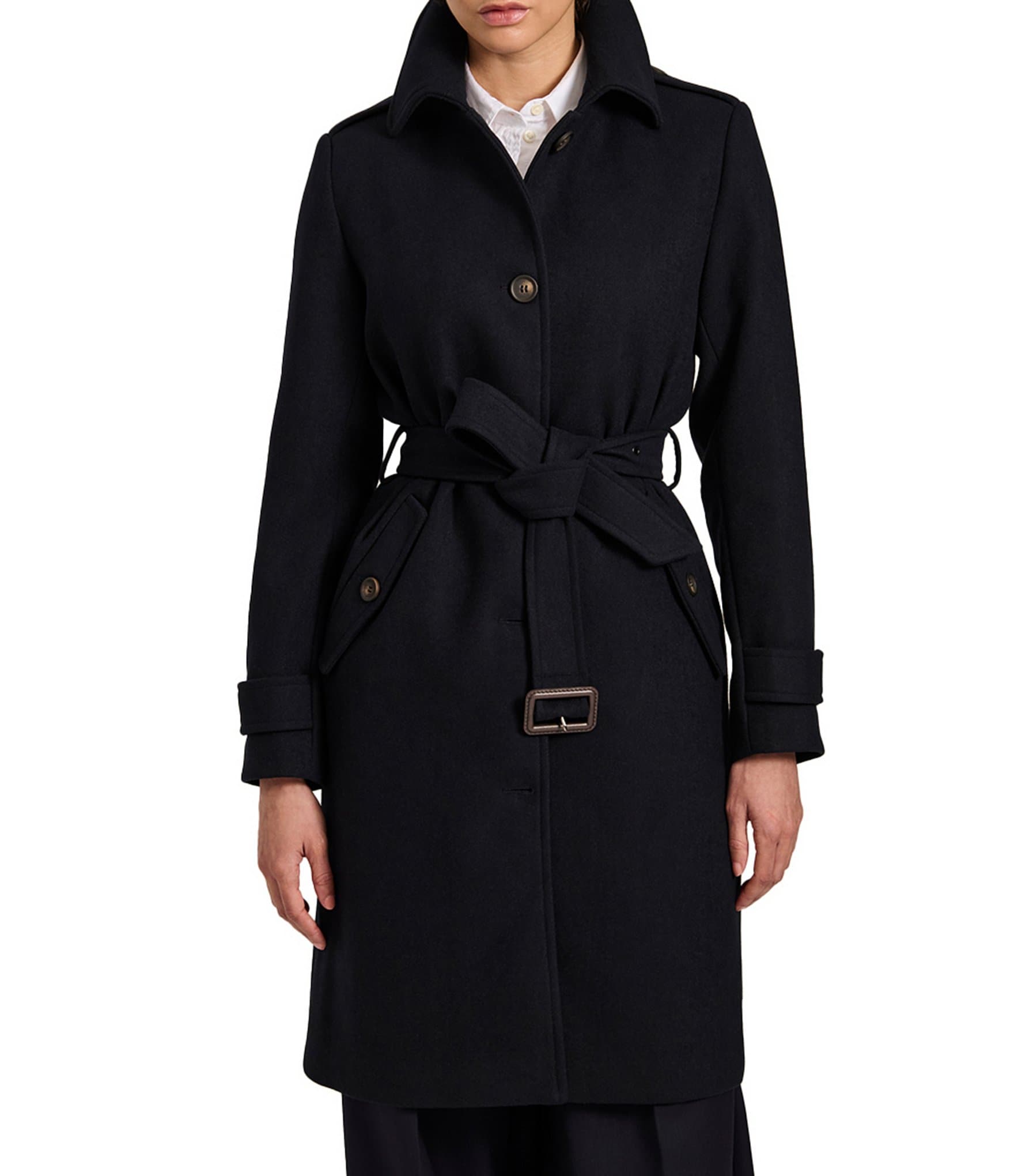 Bernardo Wool Blend Gingham Point Collar Belted Button Front Trench Coat
