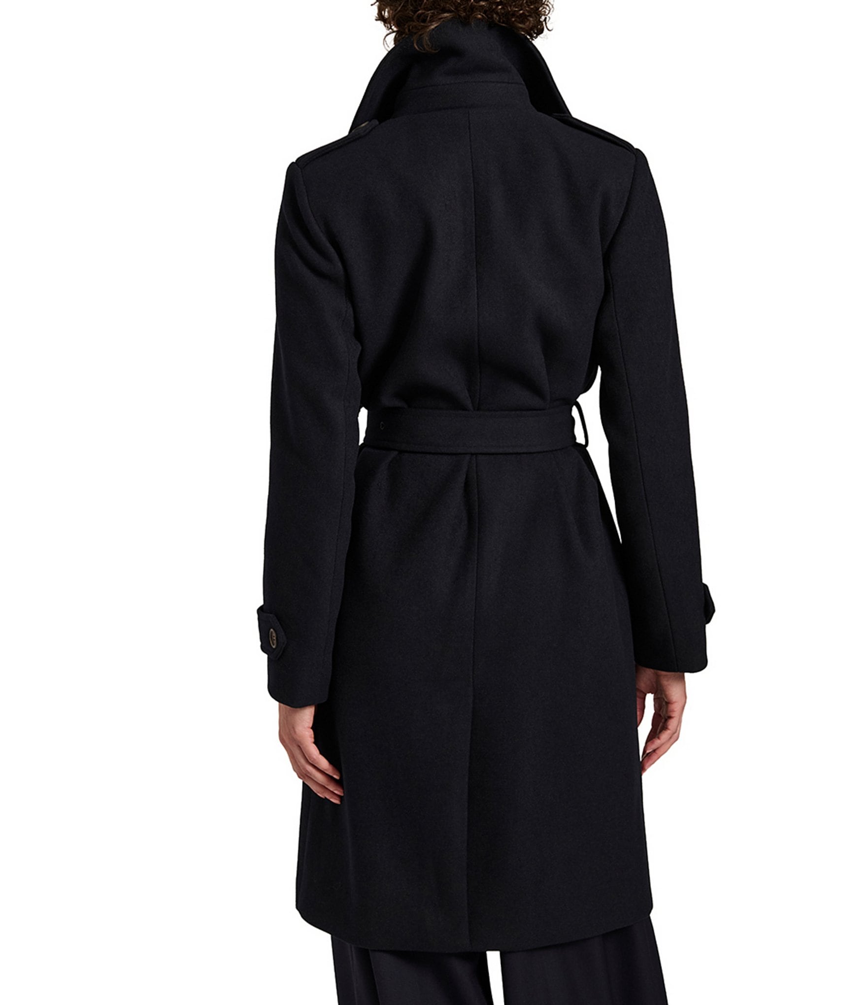 Bernardo Wool Blend Gingham Point Collar Belted Button Front Trench Coat