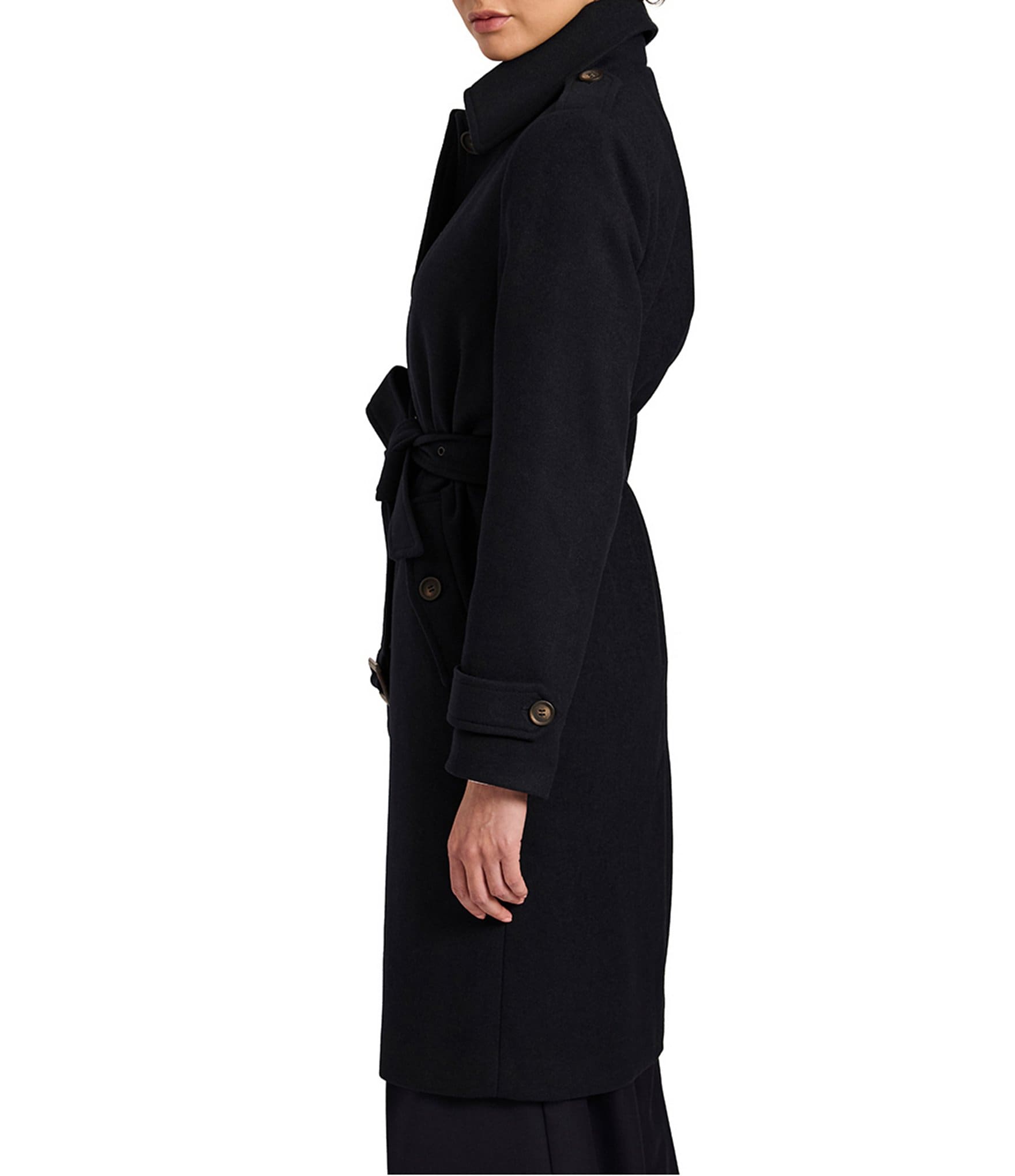 Bernardo Wool Blend Gingham Point Collar Belted Button Front Trench Coat