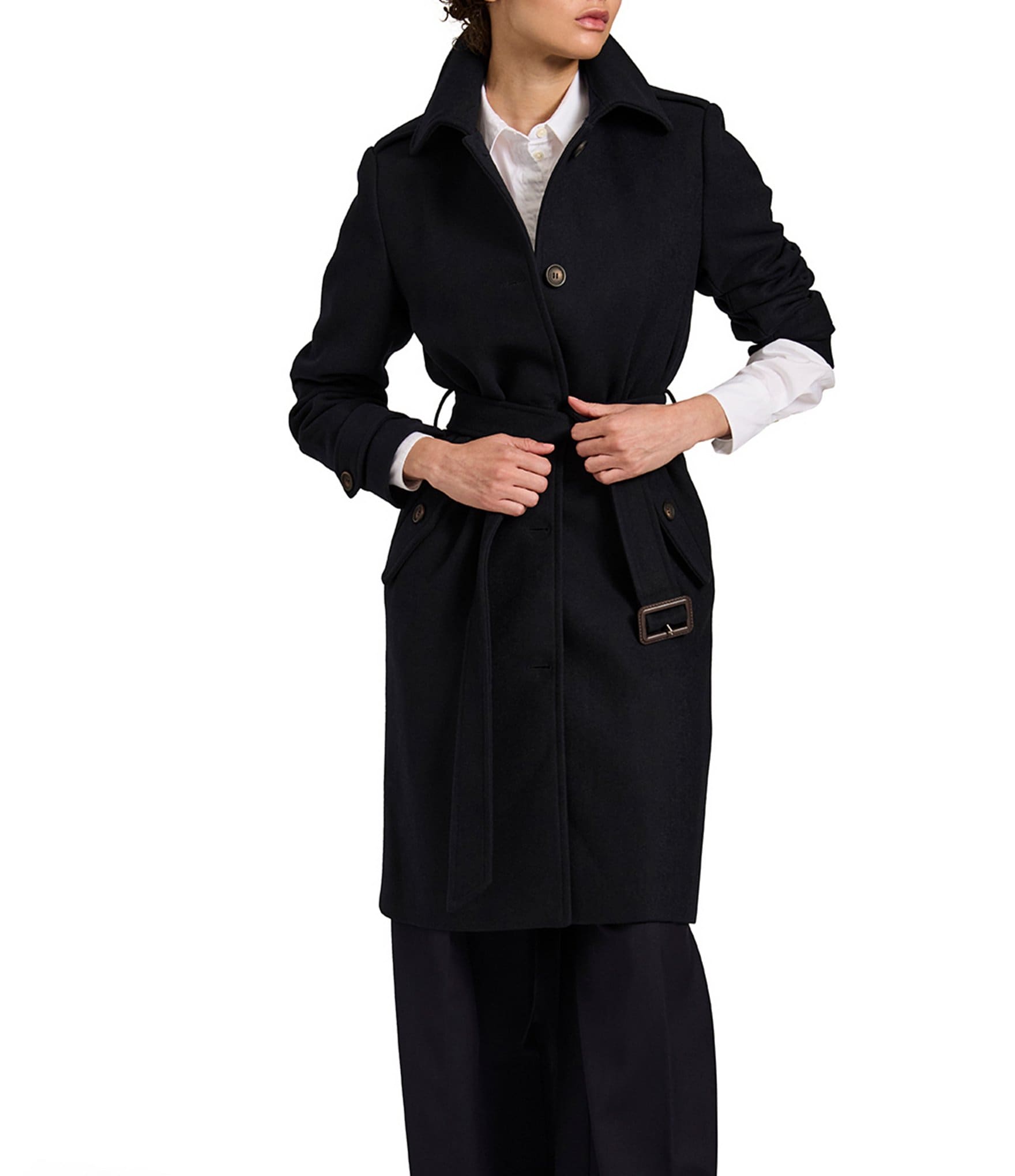 Bernardo Wool Blend Gingham Point Collar Belted Button Front Trench Coat