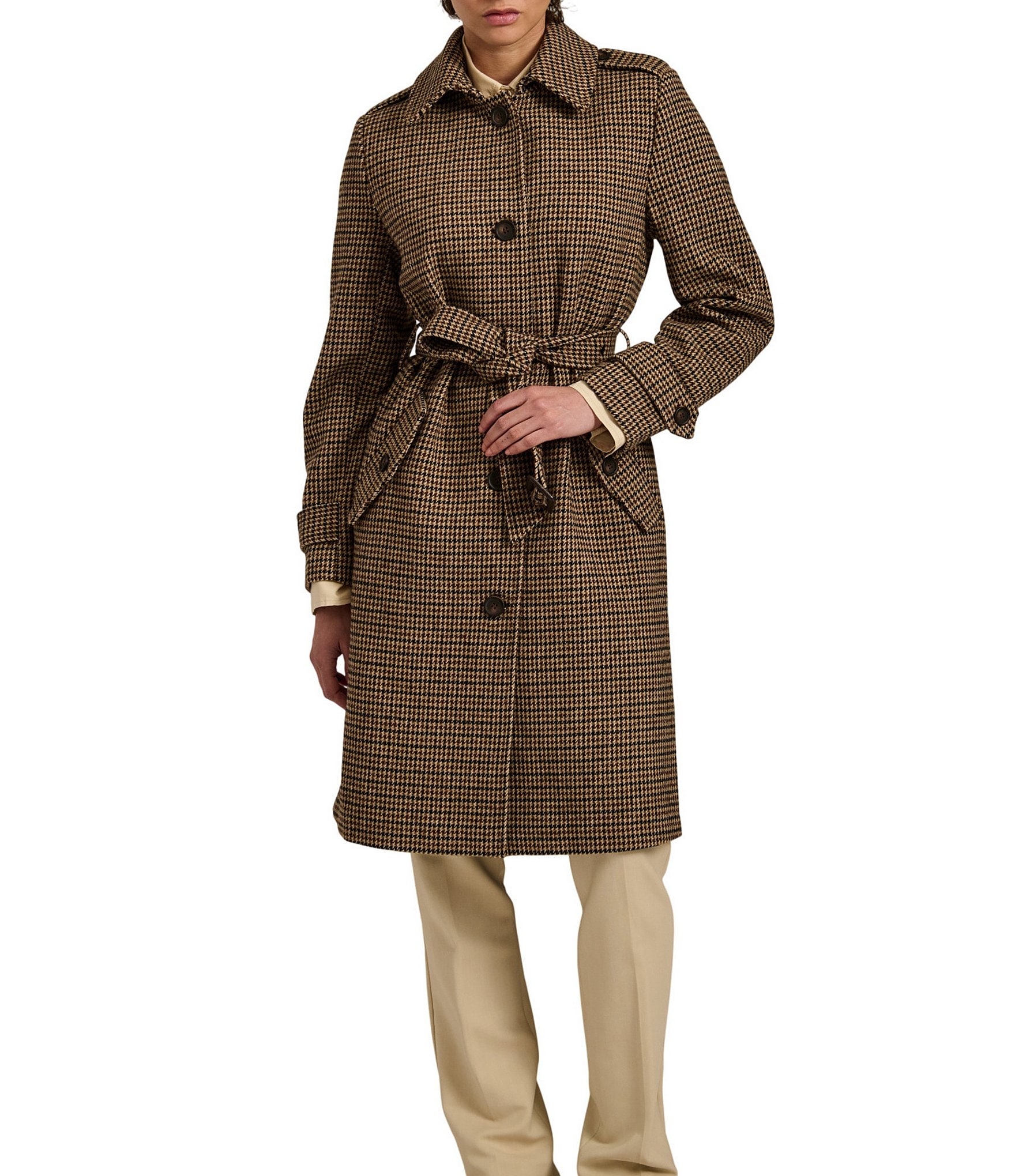 Bernardo Wool Blend Gingham Point Collar Belted Button Front Trench Coat