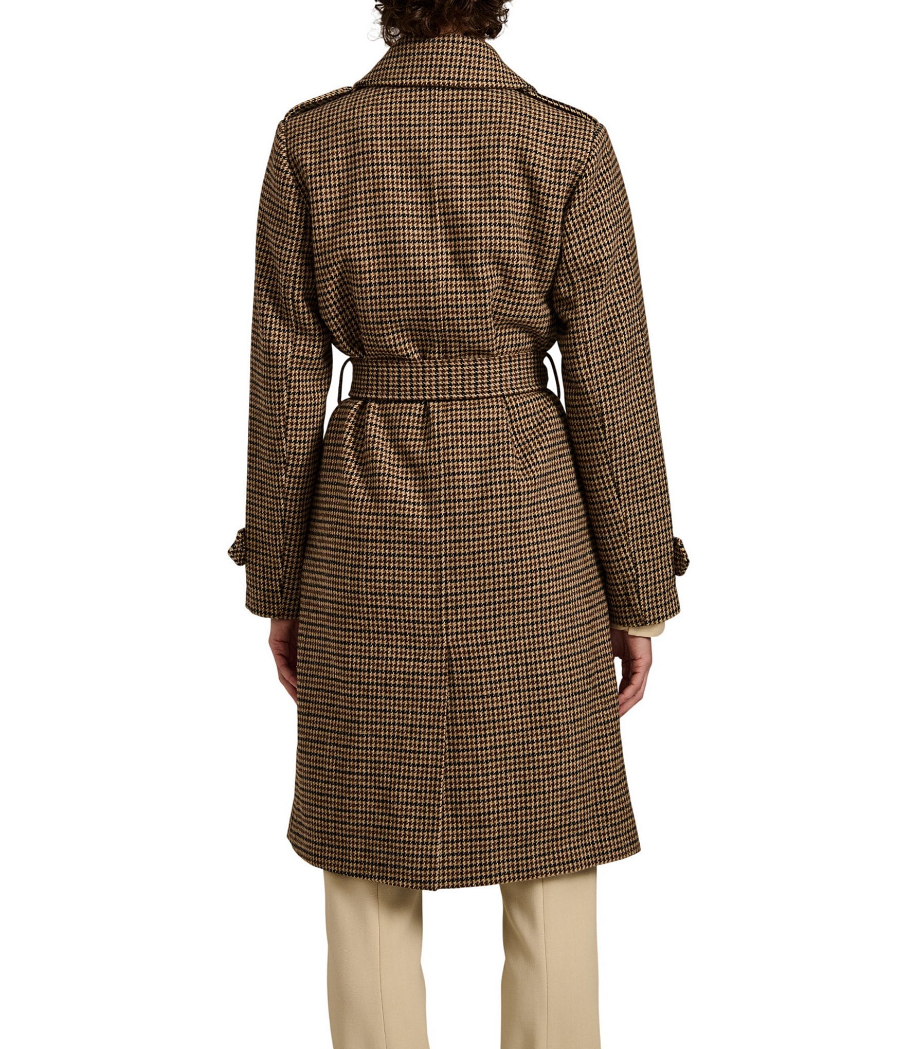 Bernardo Wool Blend Gingham Point Collar Belted Button Front Trench Coat