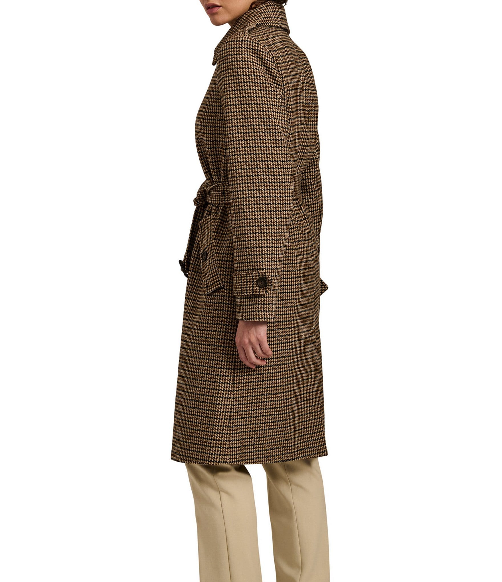 Bernardo Wool Blend Gingham Point Collar Belted Button Front Trench Coat