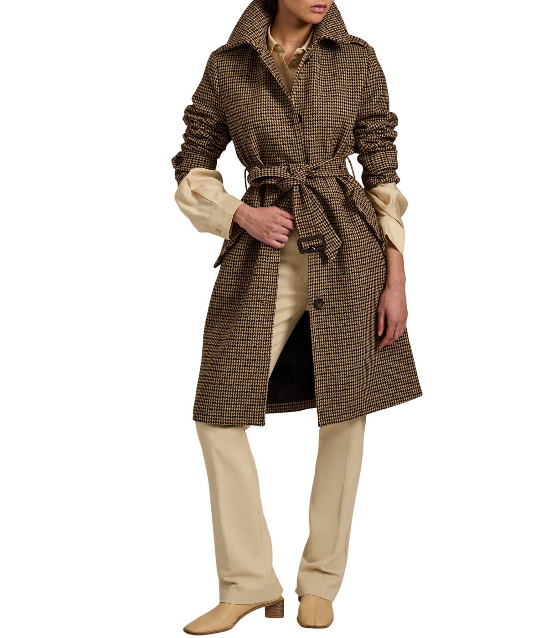 Bernardo Wool Blend Gingham Point Collar Belted Button Front Trench Coat