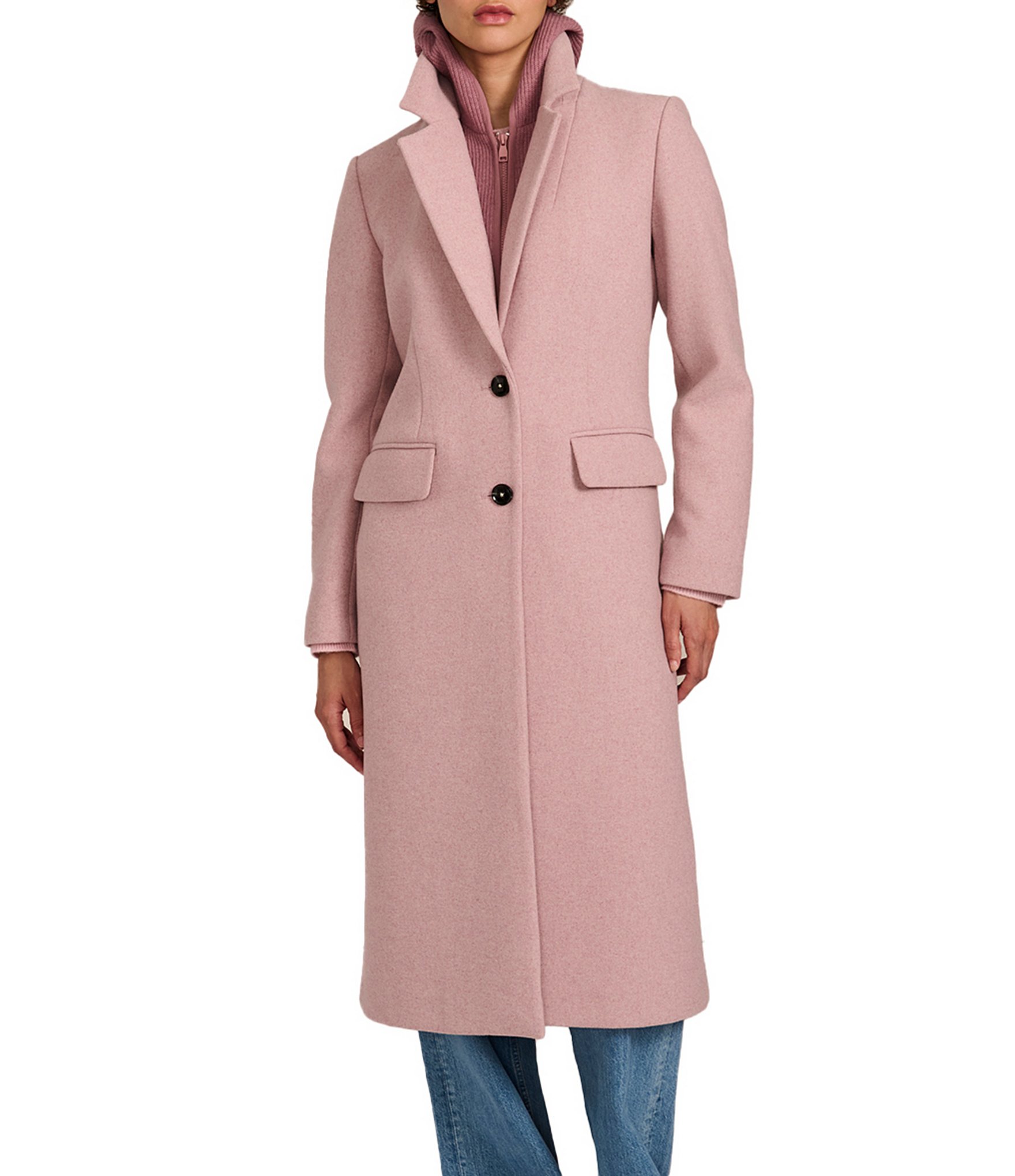 Bernardo Wool Blend Notch Lapel Rib Front Bib Button Front Top Coat