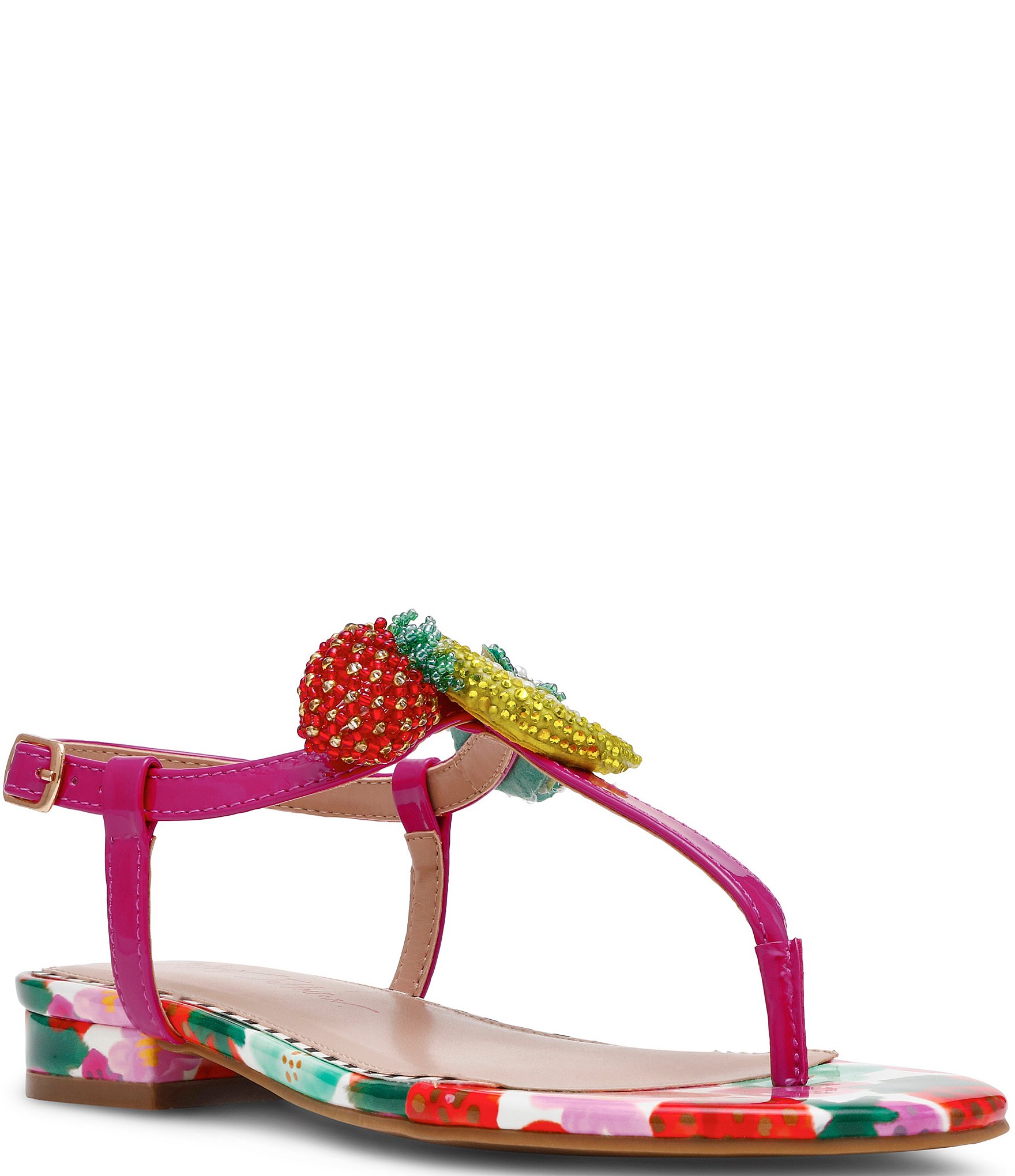 Betsey Johnson Aniston Fruit Bead Embellished Patent T Strap Sandals Dillard s