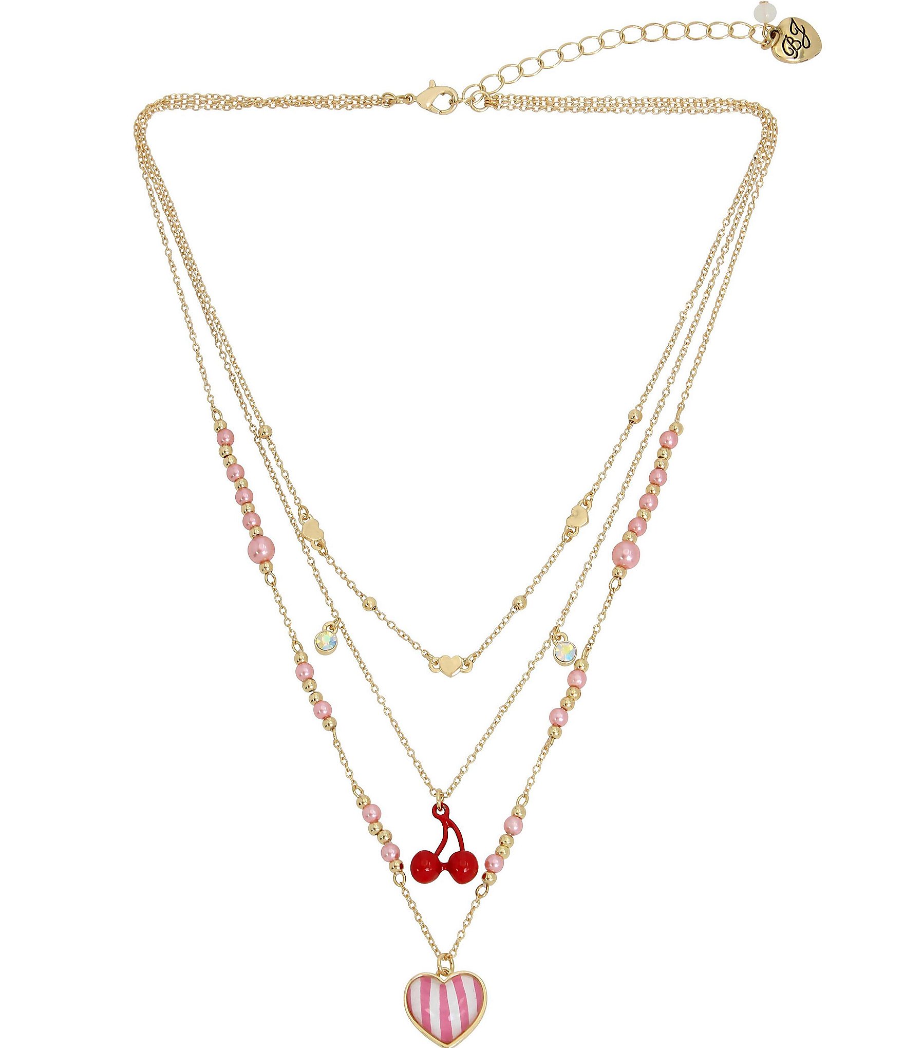 Betsey Johnson Cherry Illusion & Heart Charm Short Multi Strand Necklace