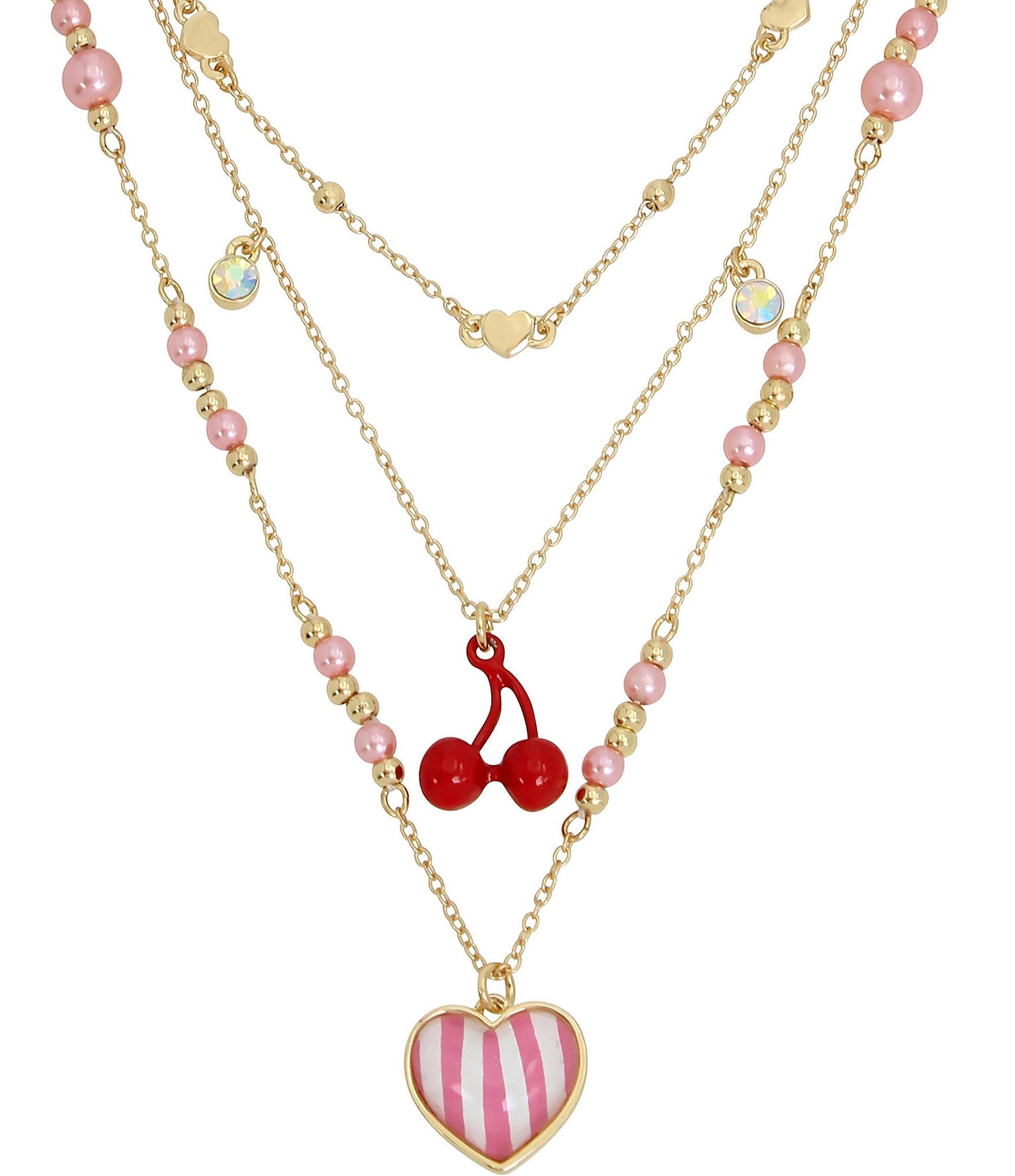 Betsey Johnson Cherry Illusion & Heart Charm Short Multi Strand Necklace