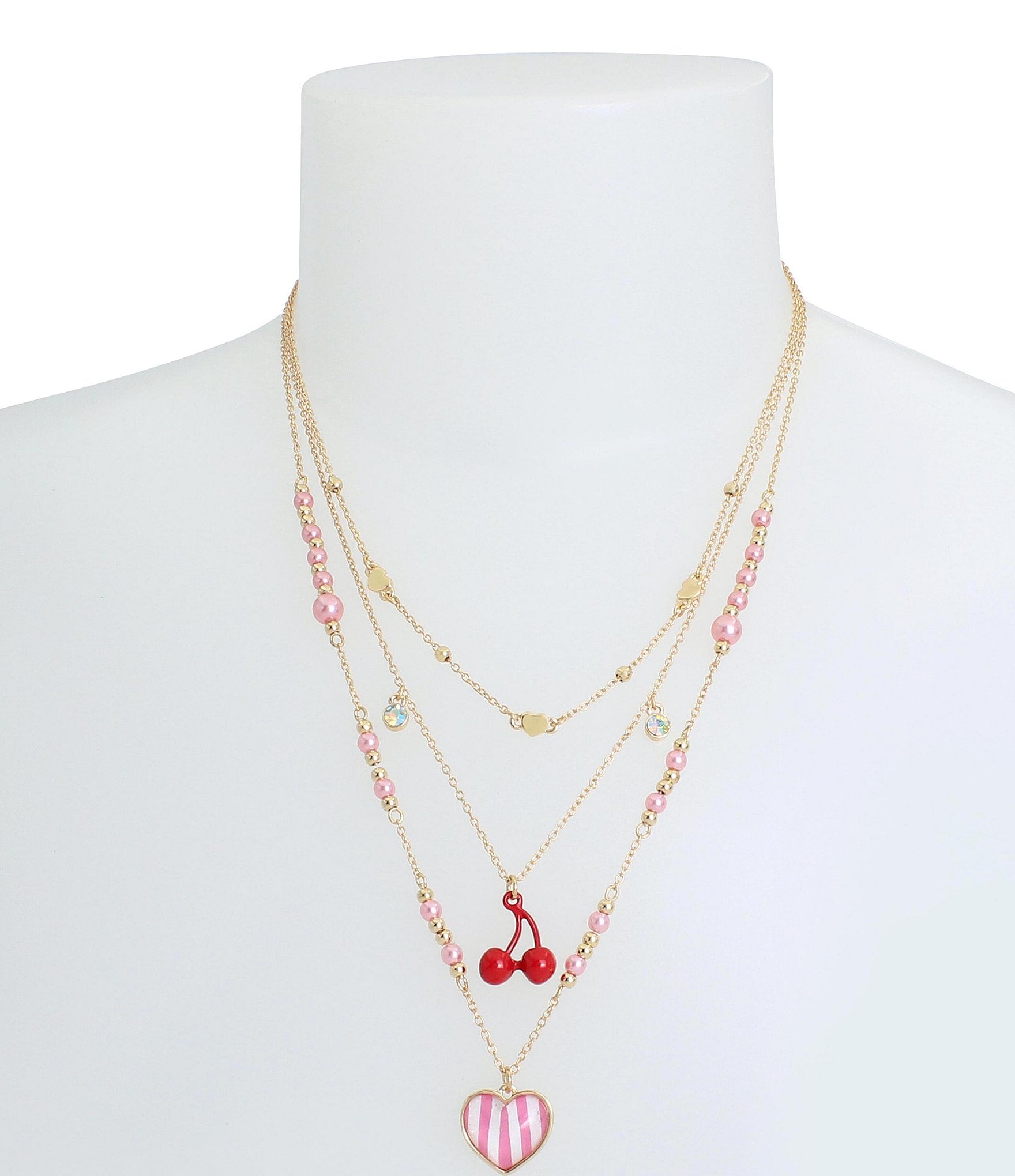 Betsey Johnson Cherry Illusion & Heart Charm Short Multi Strand Necklace