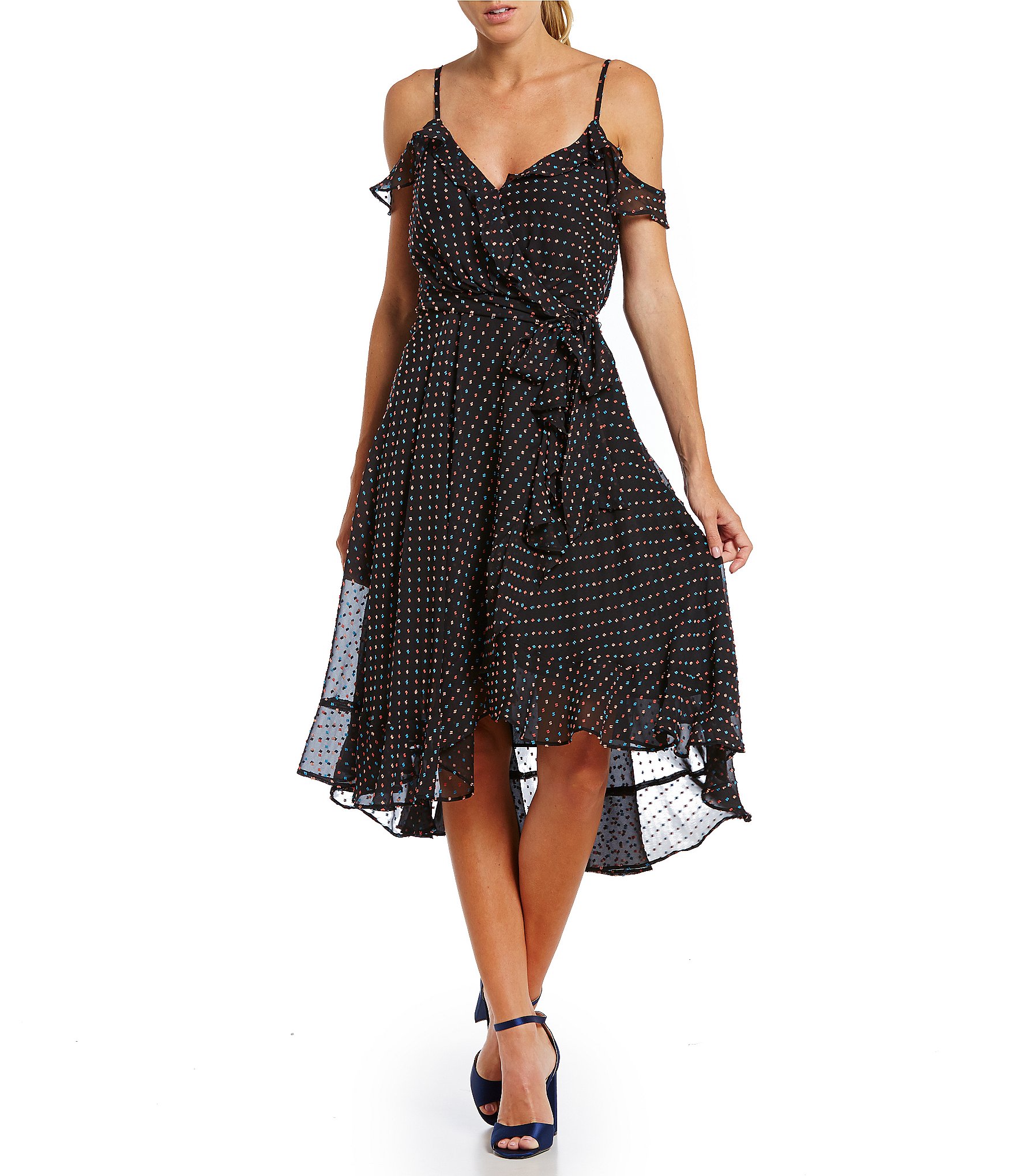 Betsey Johnson Chiffon Dot Cold Shoulder Faux Wrap Dress Dillards