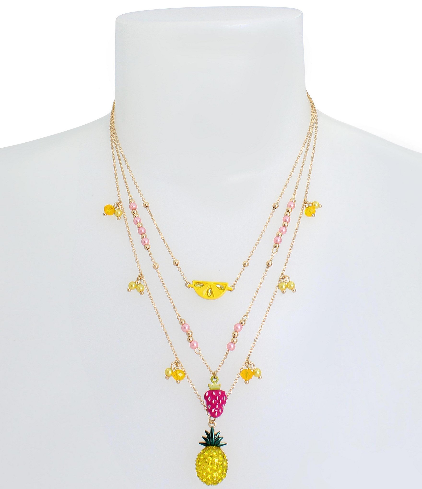 Betsey Johnson Crystal Fruit Charm Layered Short Multi-Strand Necklace