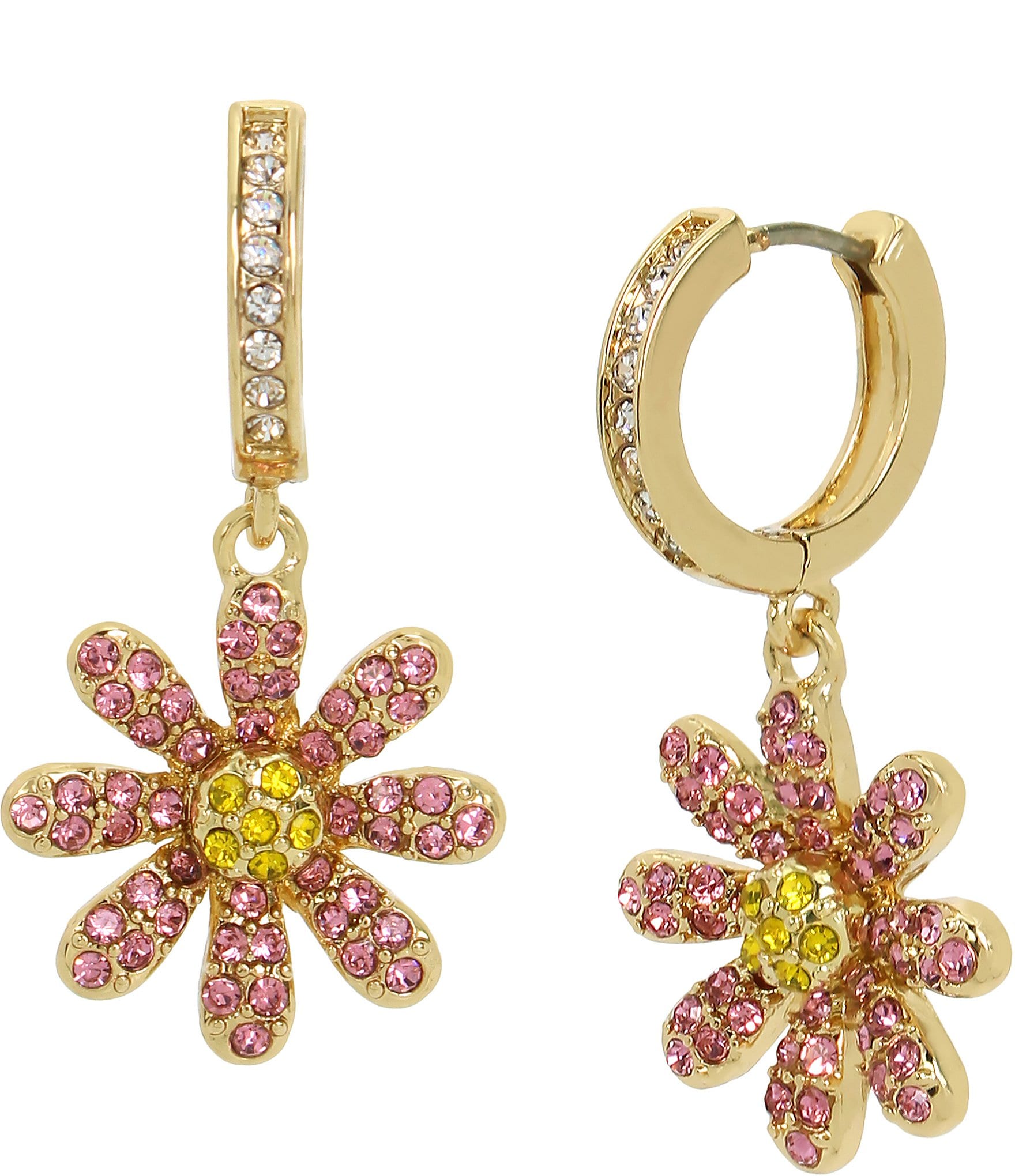 Betsey Johnson Daisy Charm Rhinestone Huggie Hoop Earrings 