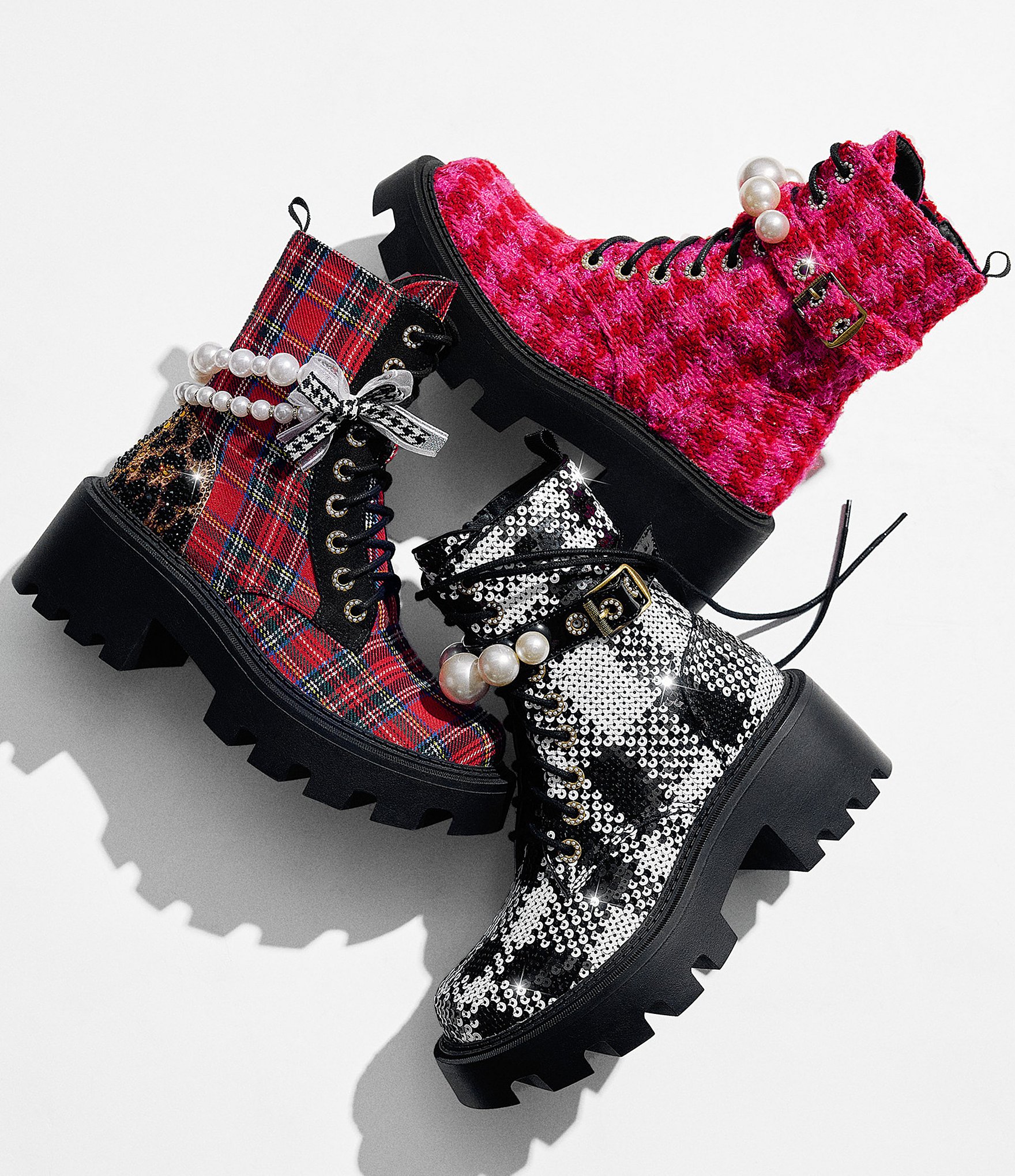 Betsey Johnson Hariett Plaid Bow and Pearl Platform Combat Boots